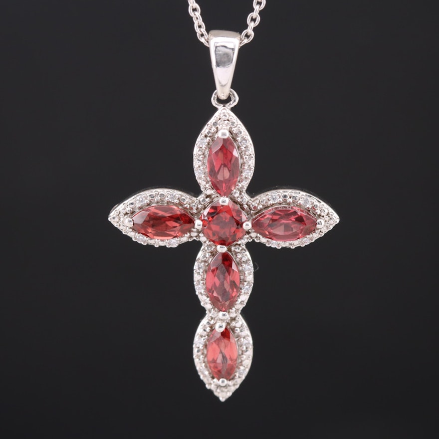 Sterling Garnet and Cubic Zirconia Cross Pendant Necklace