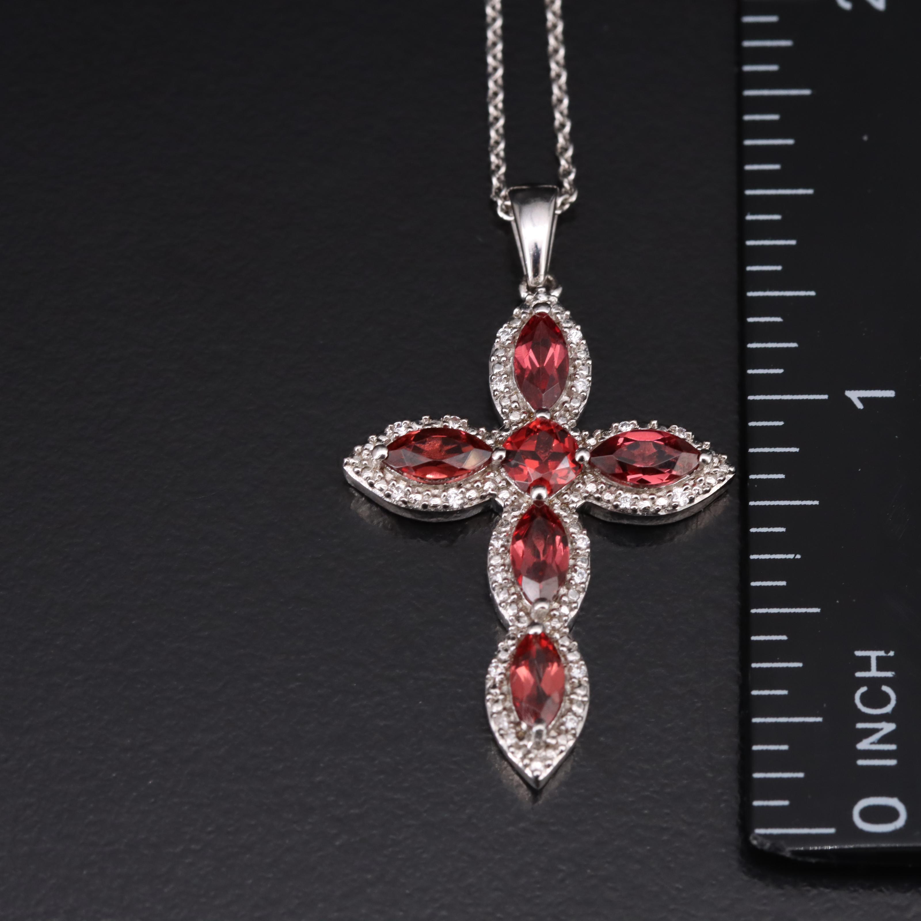 Sterling Garnet and Cubic Zirconia Cross Pendant Necklace