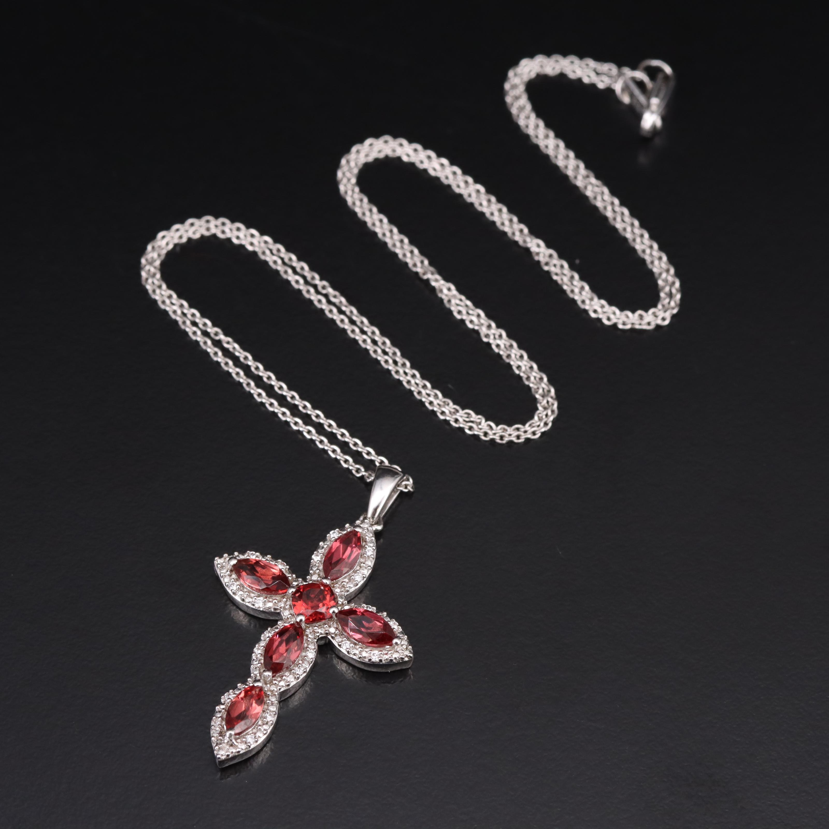 Sterling Garnet and Cubic Zirconia Cross Pendant Necklace