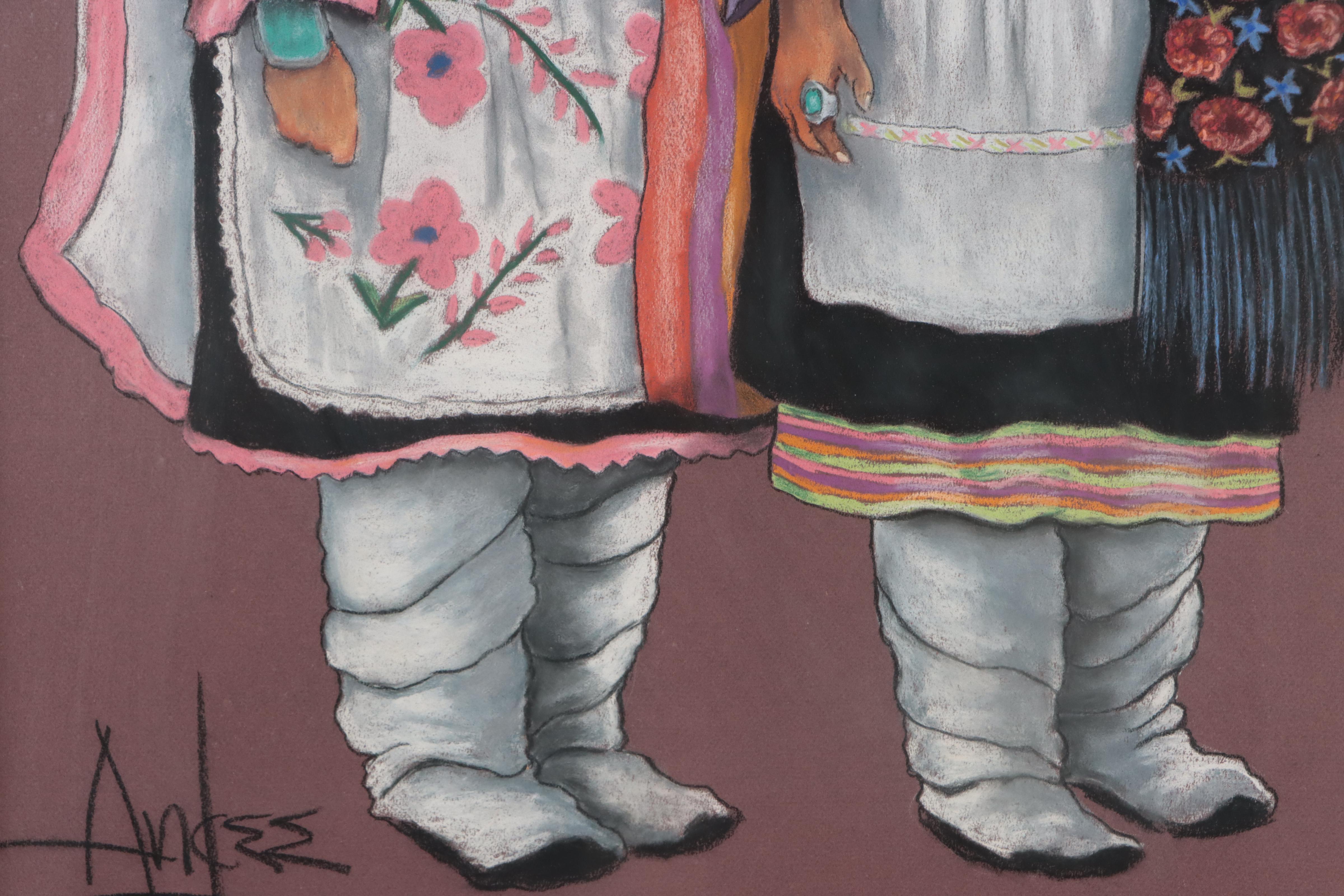 Sarah Andrea Parrott Pastel Drawing of Native American Women