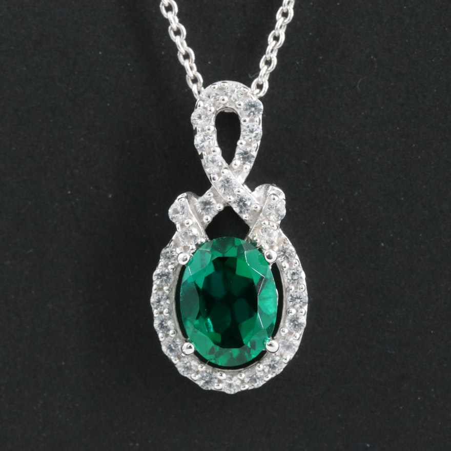 Sterling Emerald and White Sapphire Pendant Necklace