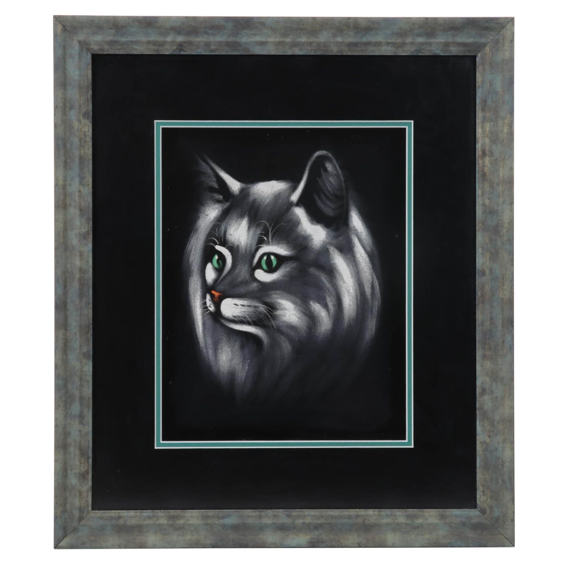 Folk Art Cat Portrait Acrylic Painting, Late 20th Century