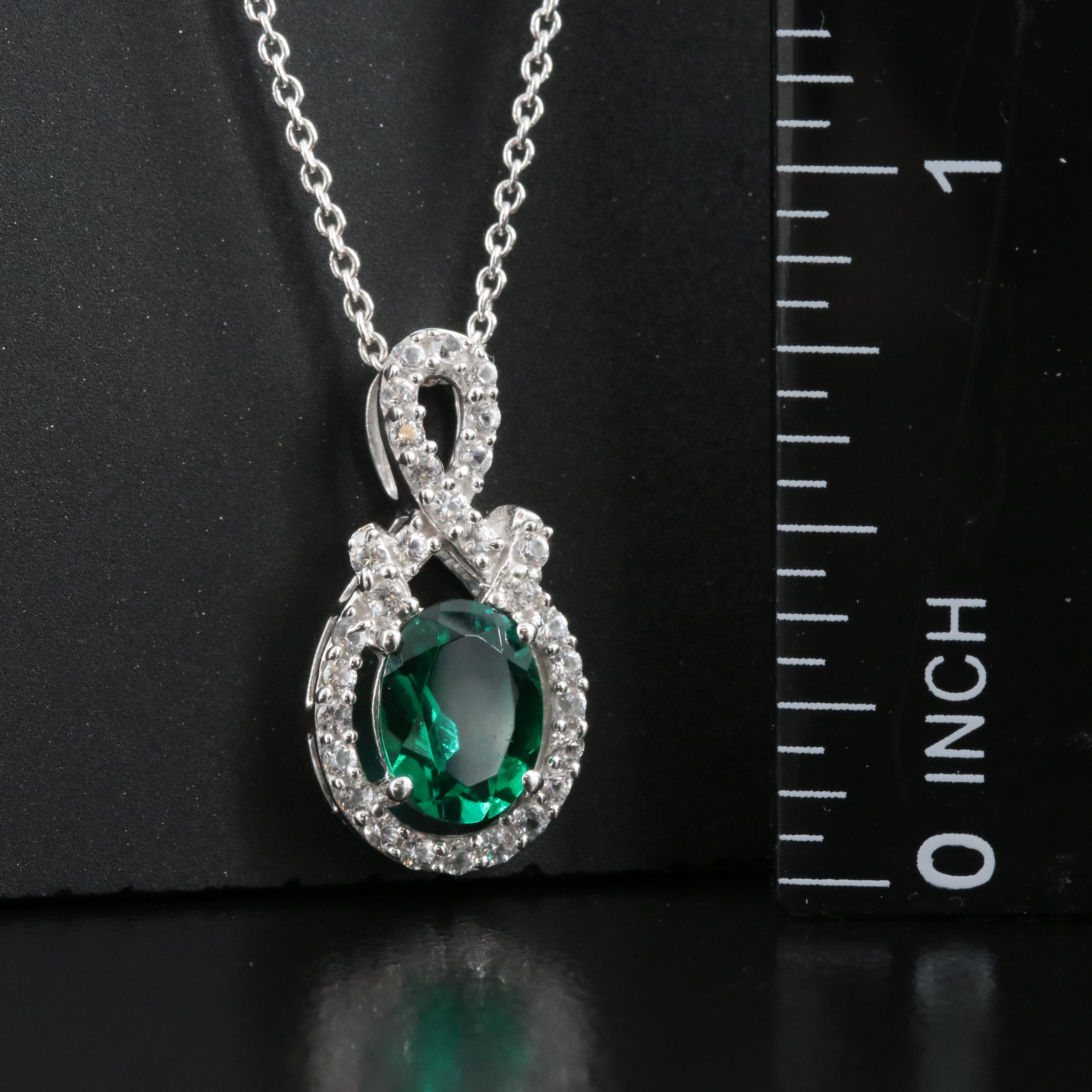 Sterling Emerald and White Sapphire Pendant Necklace