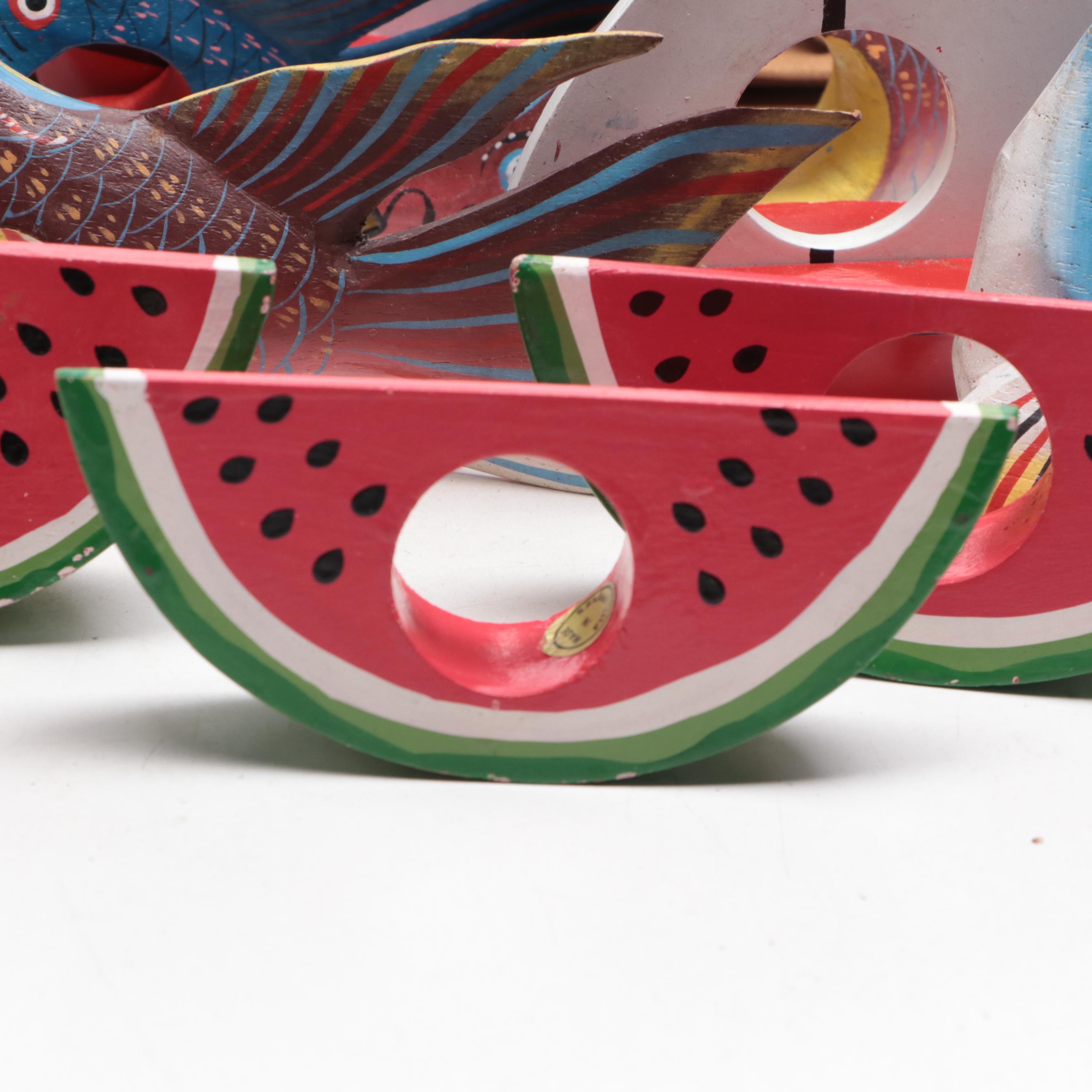 Wooden Fish and Fruit Napkin Rings with Other Table Linens