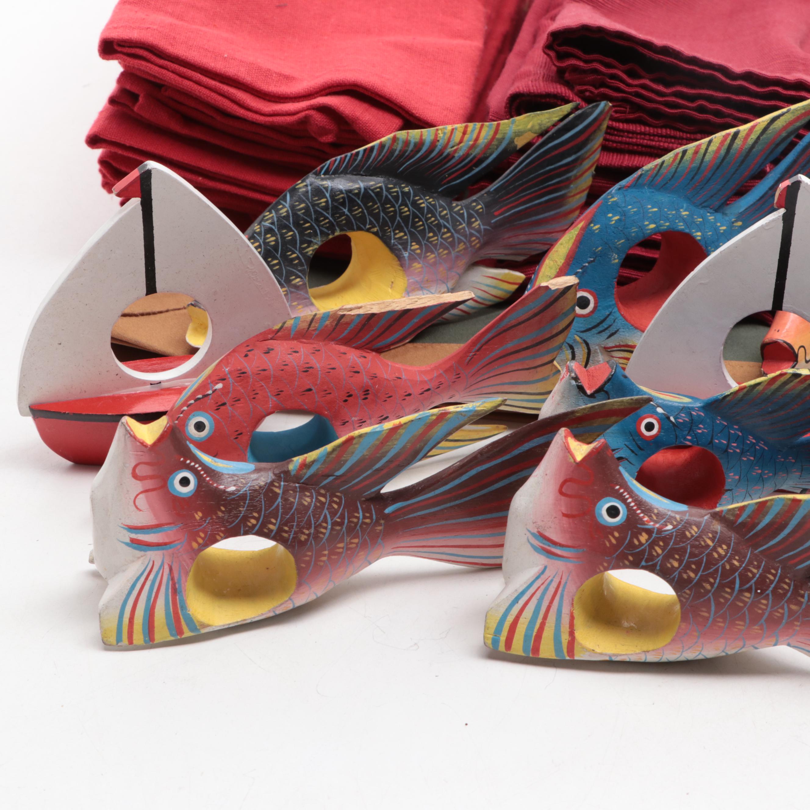 Wooden Fish and Fruit Napkin Rings with Other Table Linens