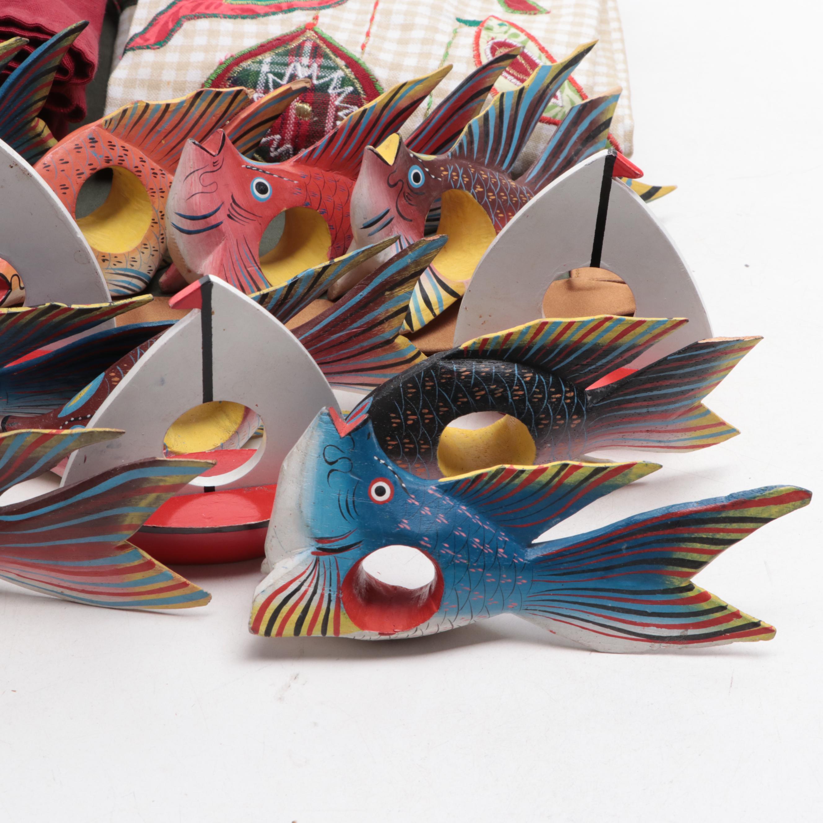 Wooden Fish and Fruit Napkin Rings with Other Table Linens