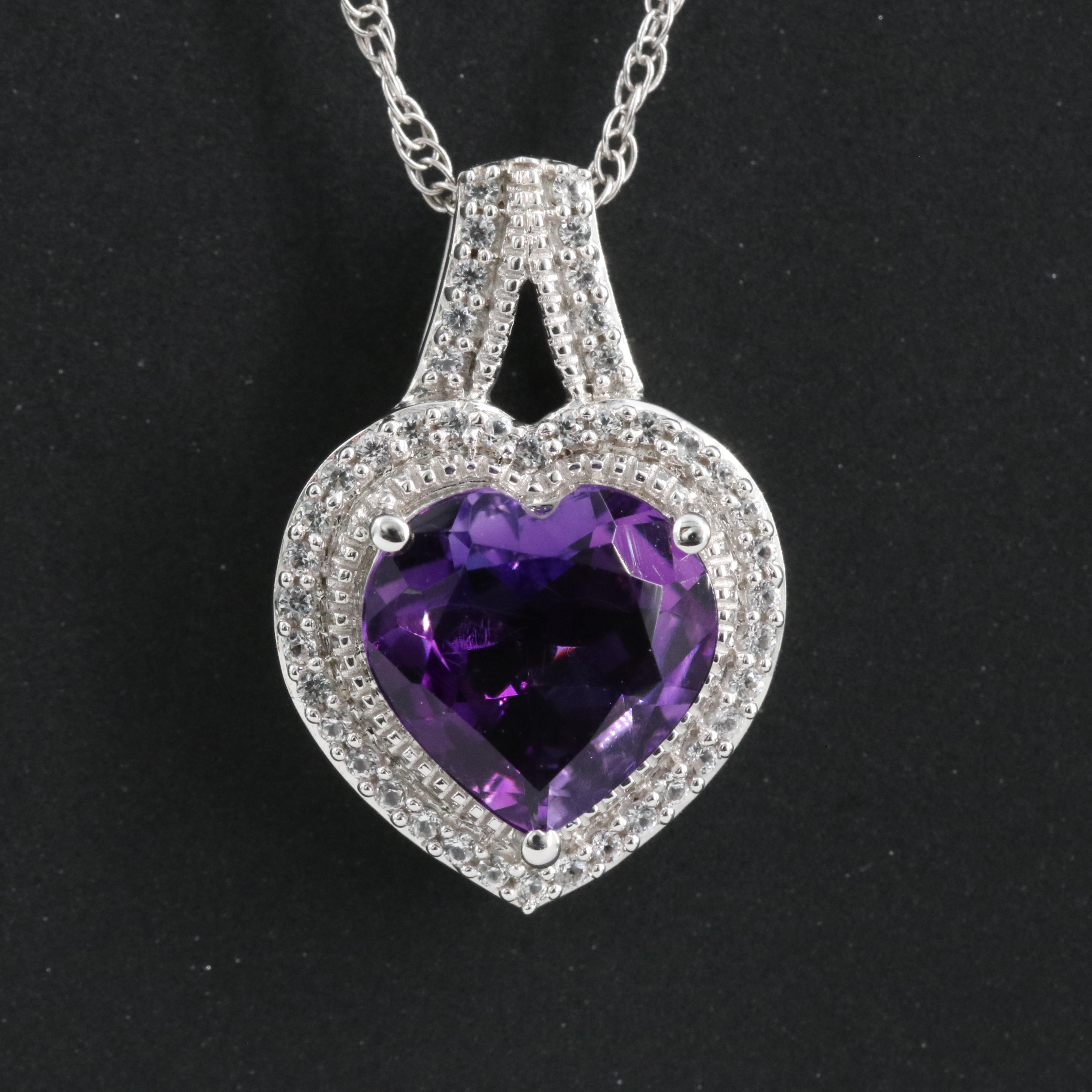 Sterling Amethyst and White Sapphire Heart Pendant Necklace
