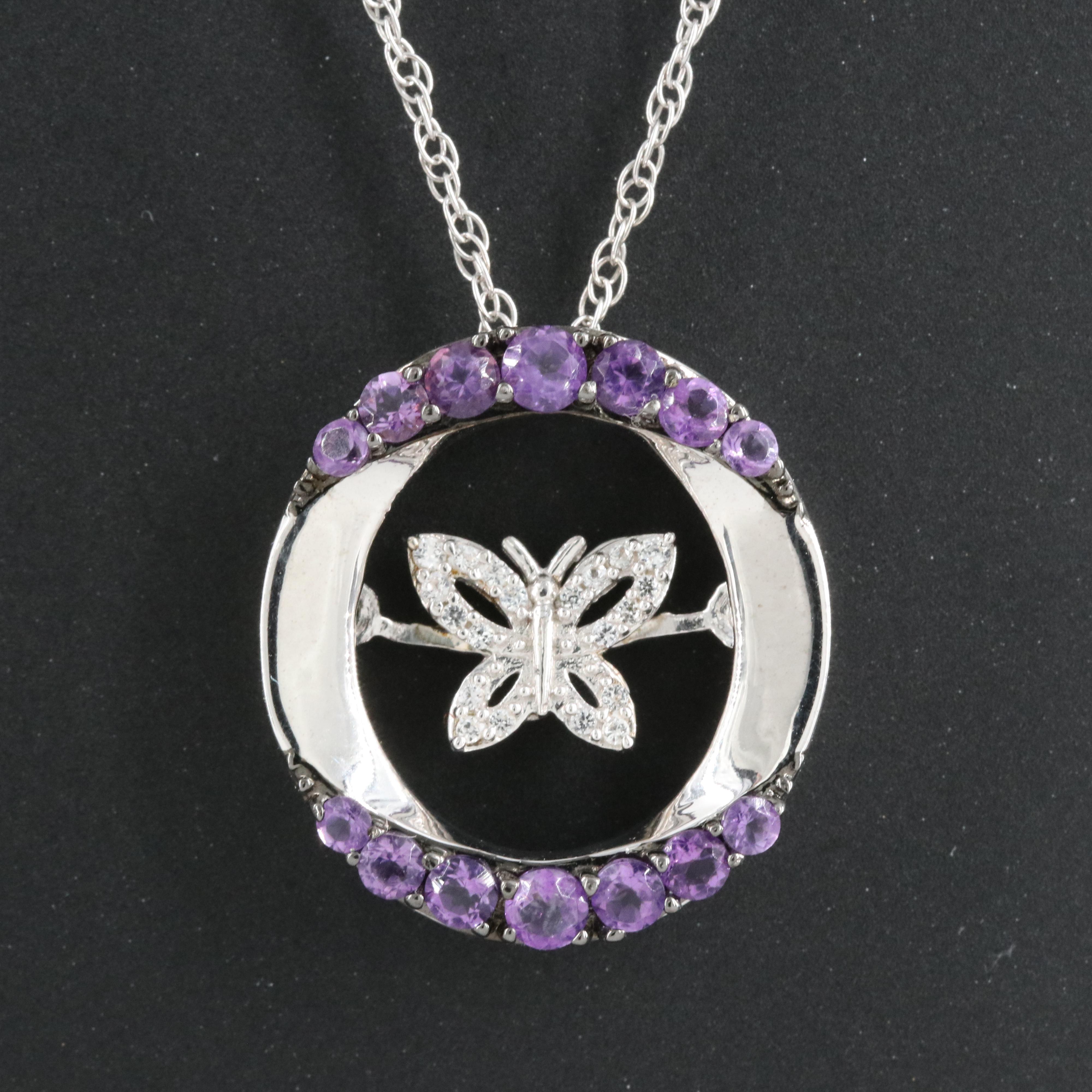Sterling Amethyst and Sapphire Butterfly Tremble Pendant Necklace