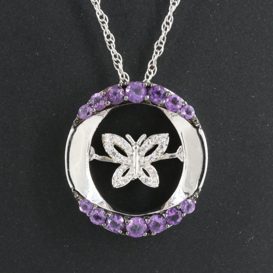 Sterling Amethyst and Sapphire Butterfly Tremble Pendant Necklace