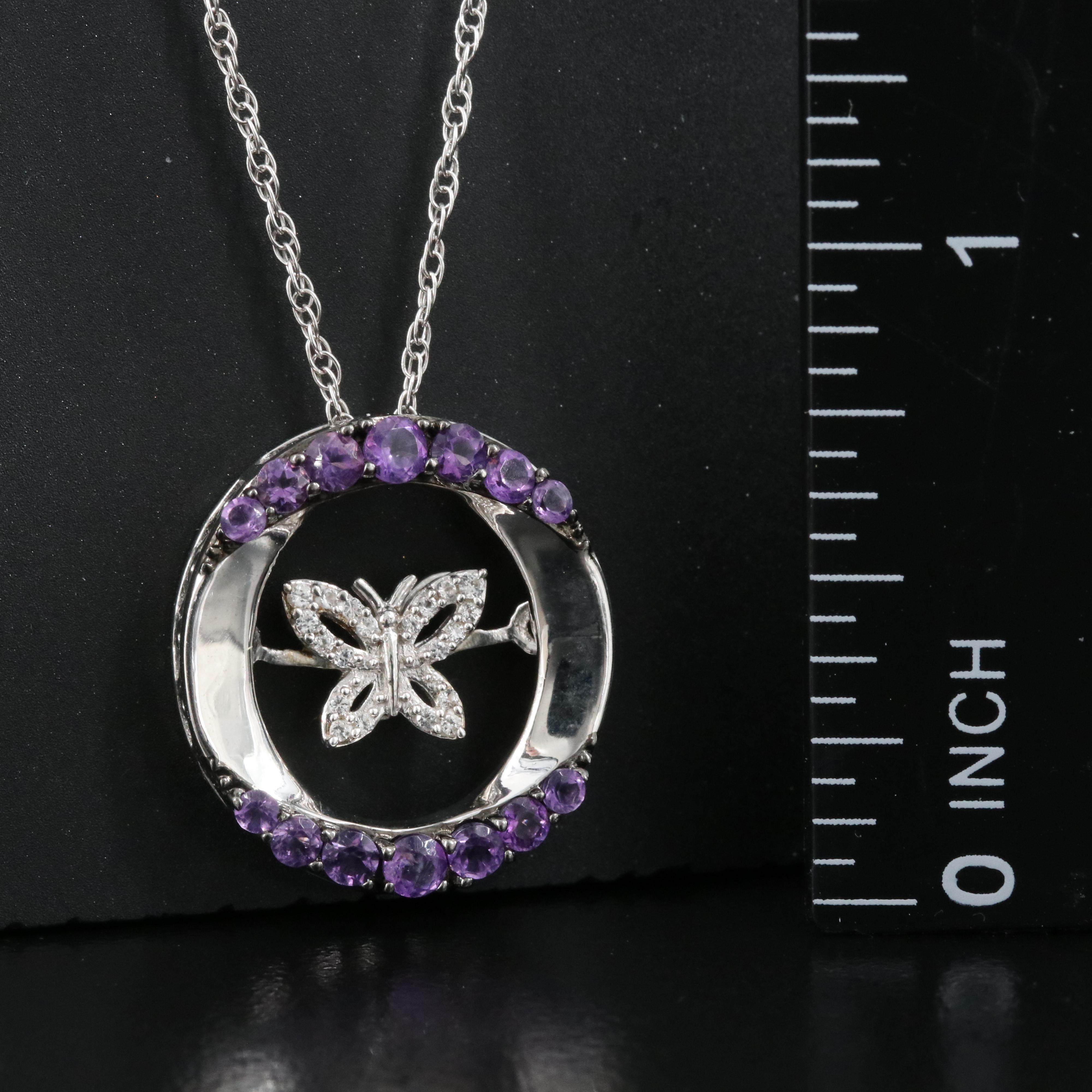 Sterling Amethyst and Sapphire Butterfly Tremble Pendant Necklace