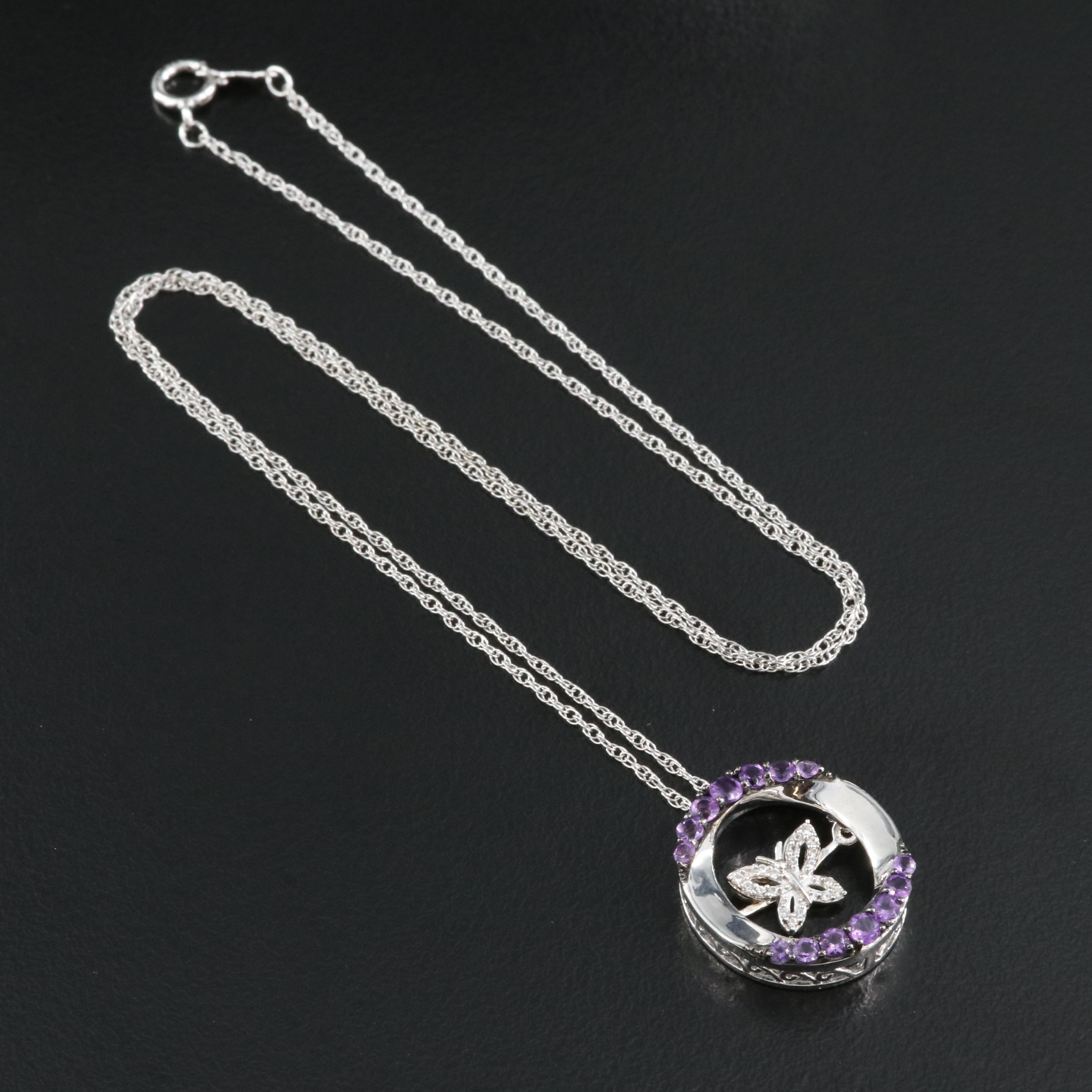 Sterling Amethyst and Sapphire Butterfly Tremble Pendant Necklace