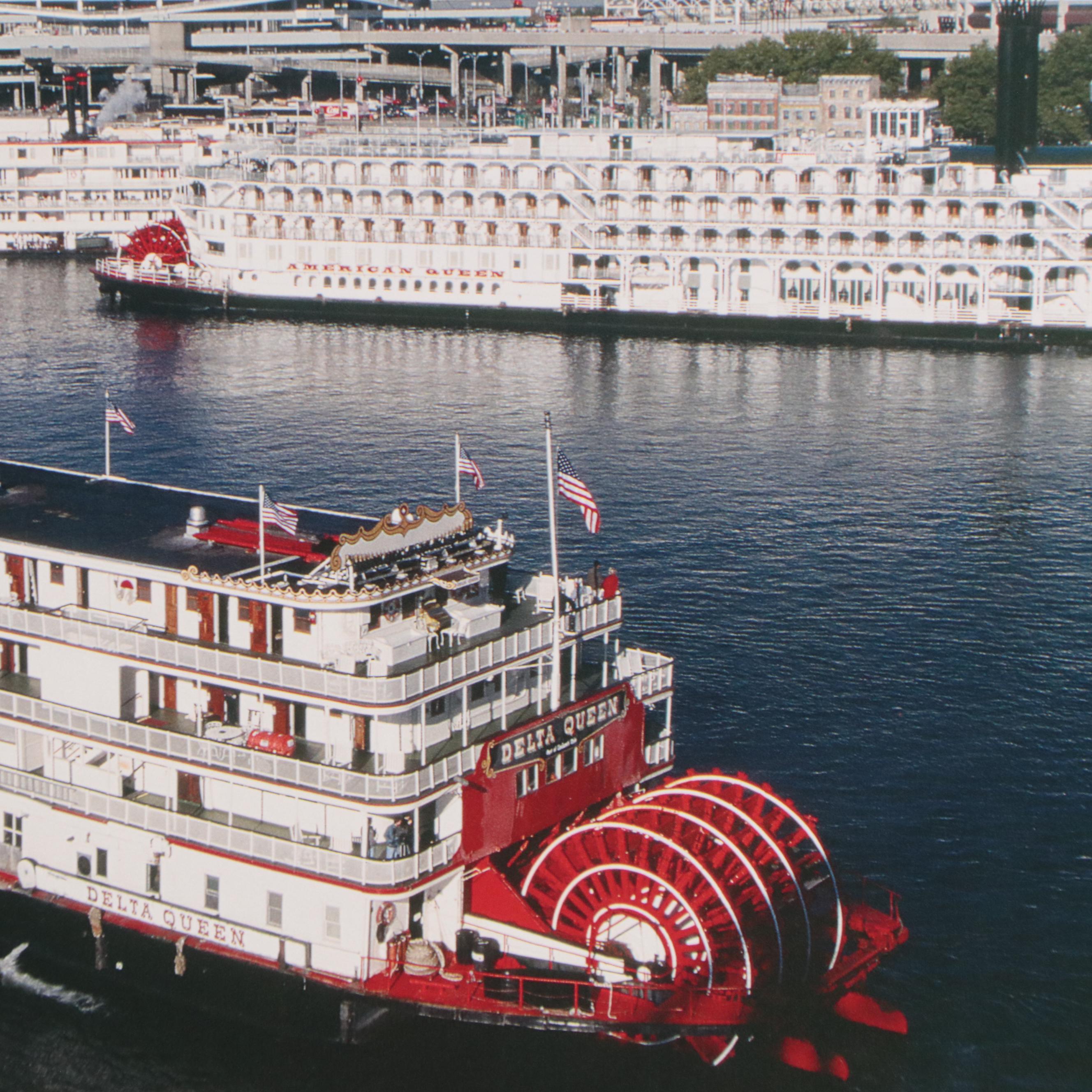 M. Keith Dykes Cincinnati Ohio River Scene Offset Lithograph "The Three Queens"