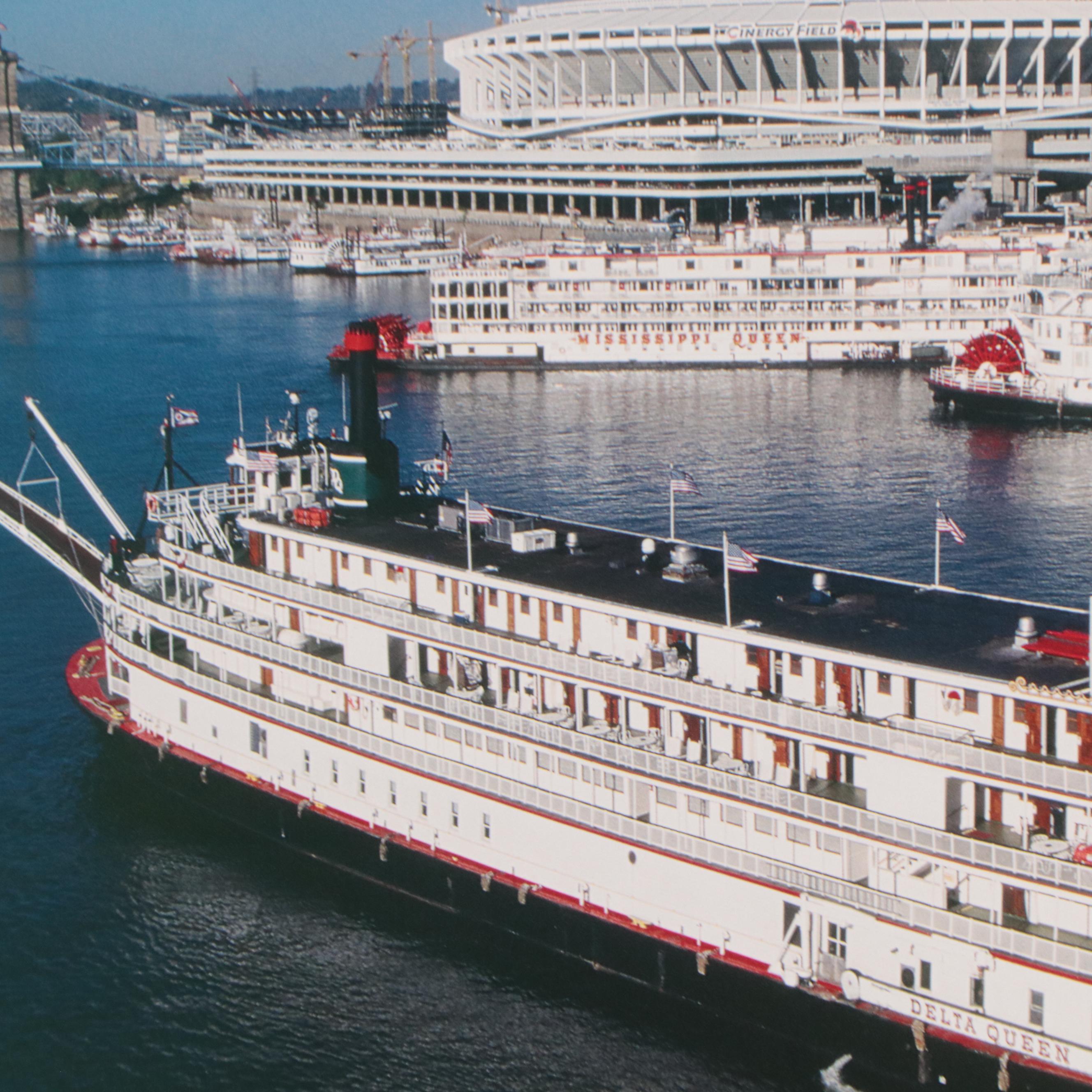 M. Keith Dykes Cincinnati Ohio River Scene Offset Lithograph "The Three Queens"