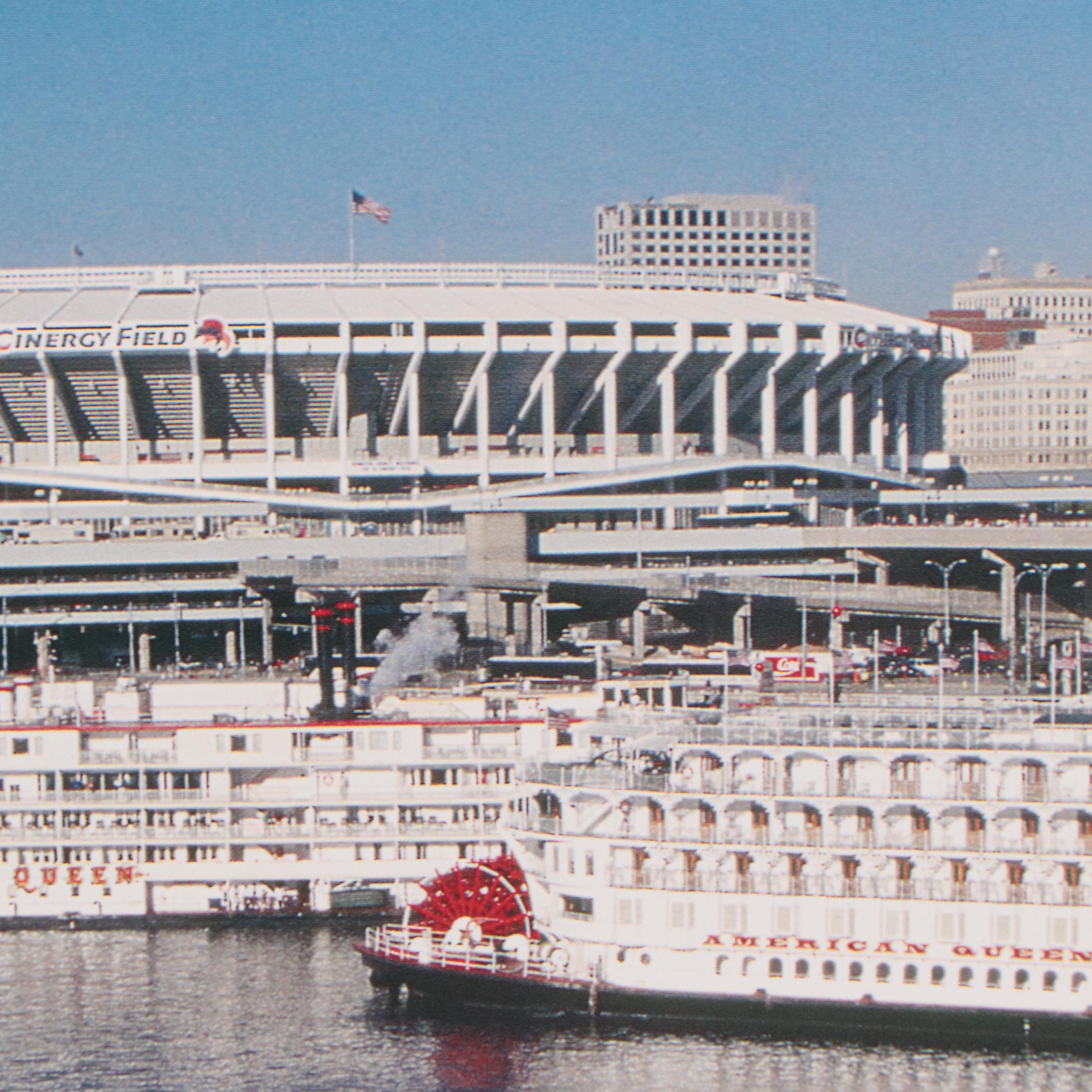 M. Keith Dykes Cincinnati Ohio River Scene Offset Lithograph "The Three Queens"