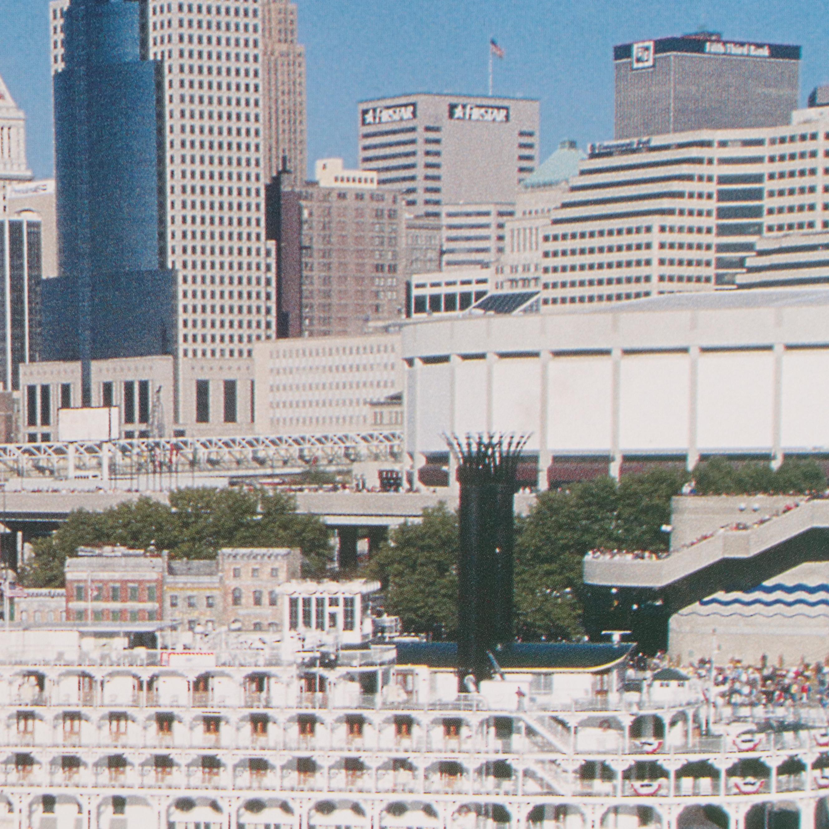 M. Keith Dykes Cincinnati Ohio River Scene Offset Lithograph "The Three Queens"