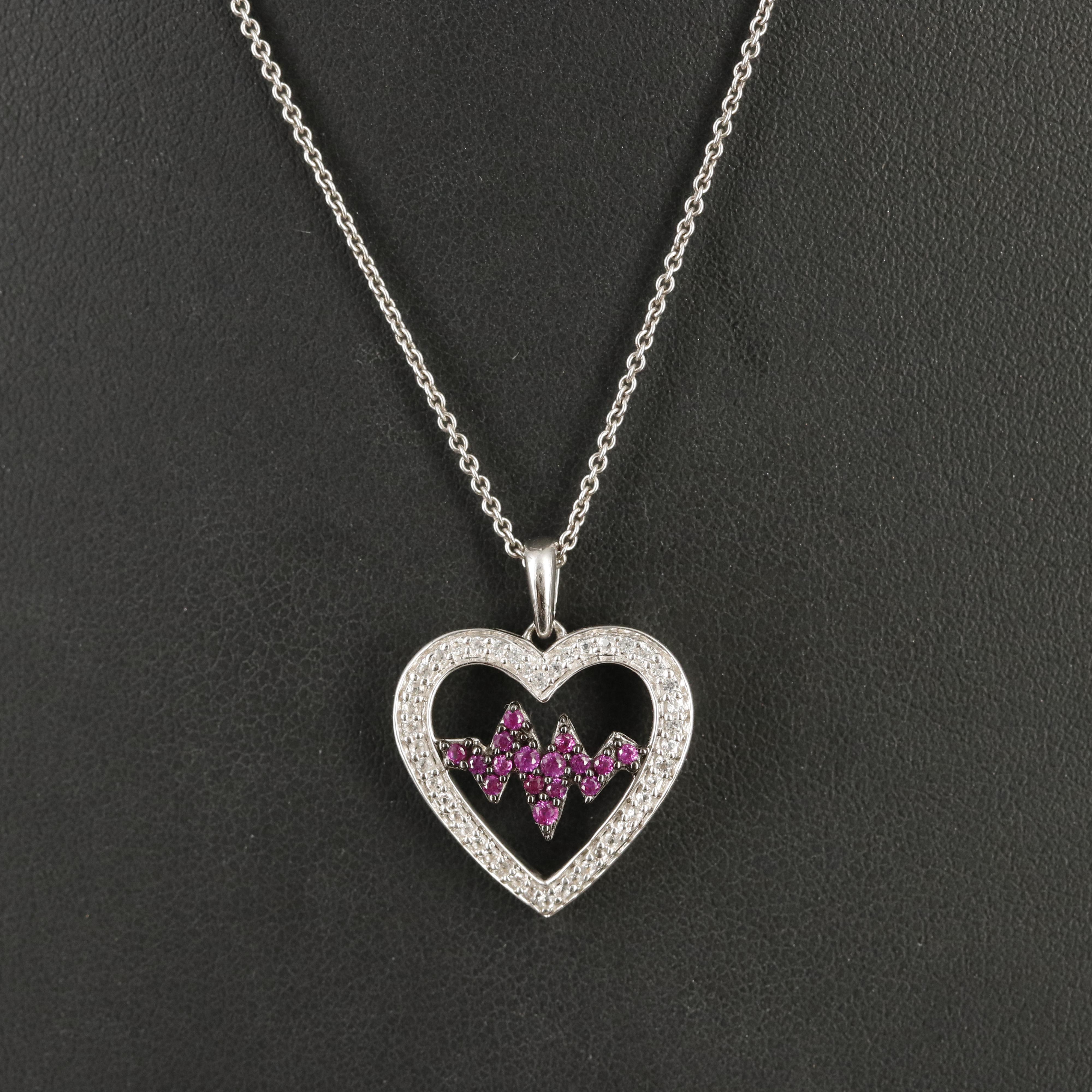 Sterling Ruby and Sapphire Heartbeat Pendant Necklace