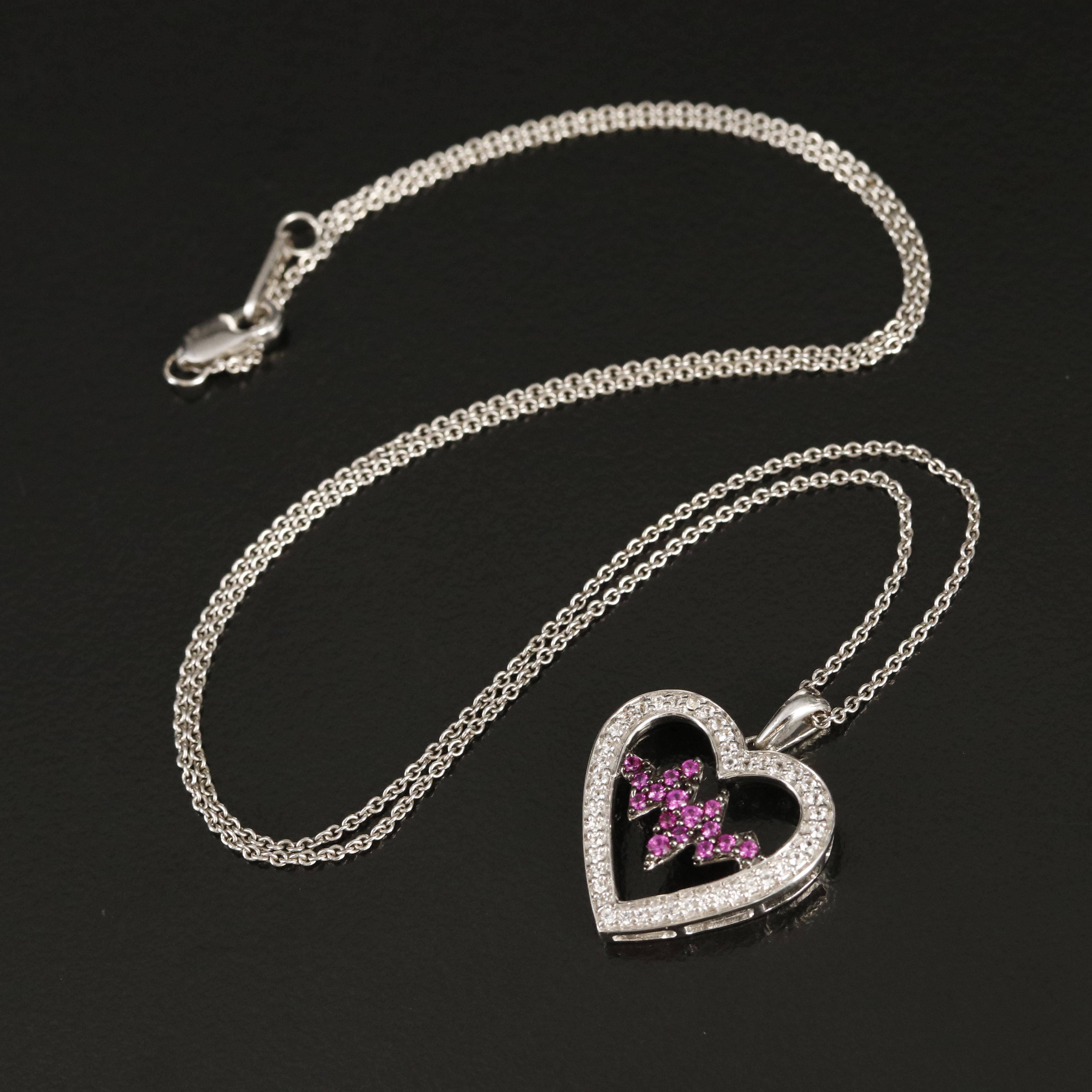 Sterling Ruby and Sapphire Heartbeat Pendant Necklace