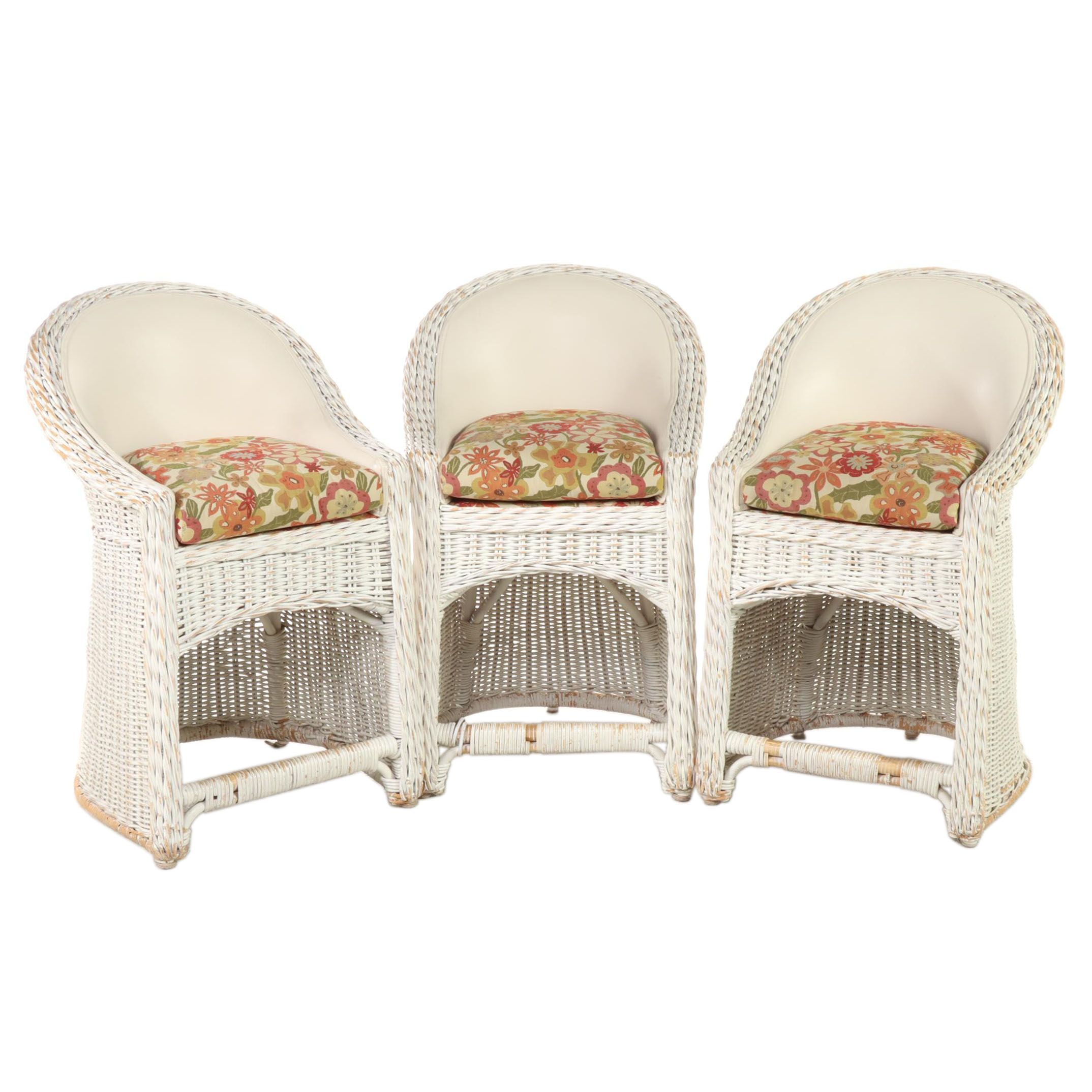 Three Wicker and Faux-Leather Backed Barstools, Late 20th Century