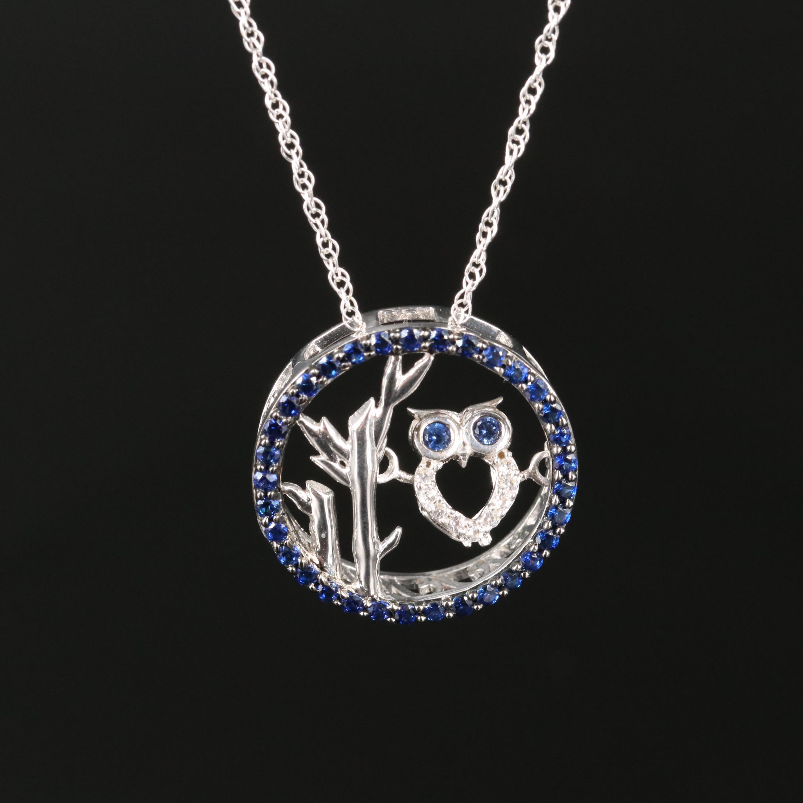 Sterling Sapphire Resting Owl Pendant Necklace