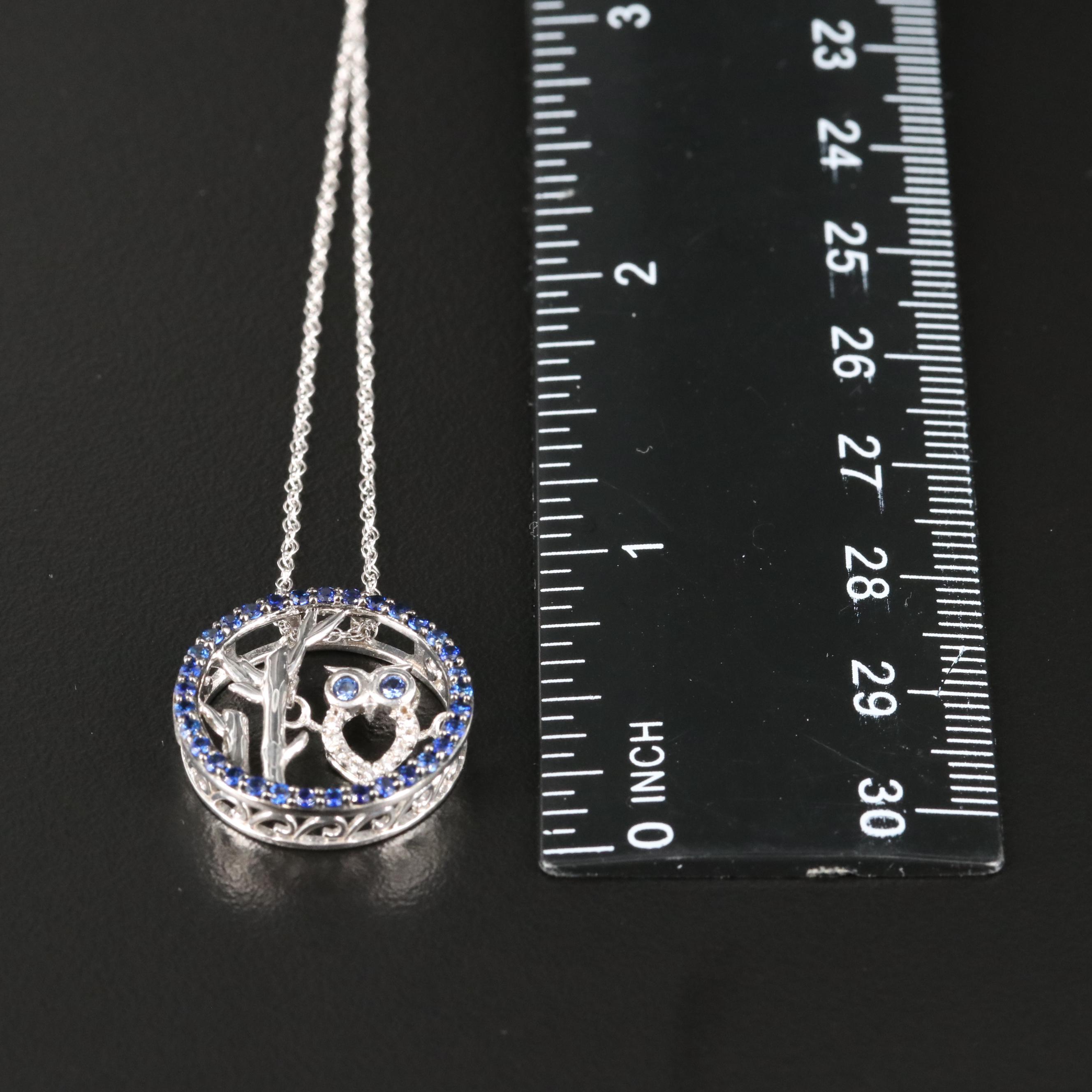 Sterling Sapphire Resting Owl Pendant Necklace