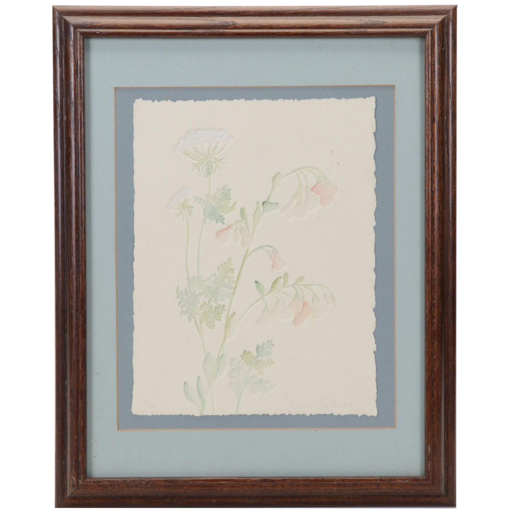 Susan Zythewick Hand-Colored Embossed Etching of Flowers, Circa 1975