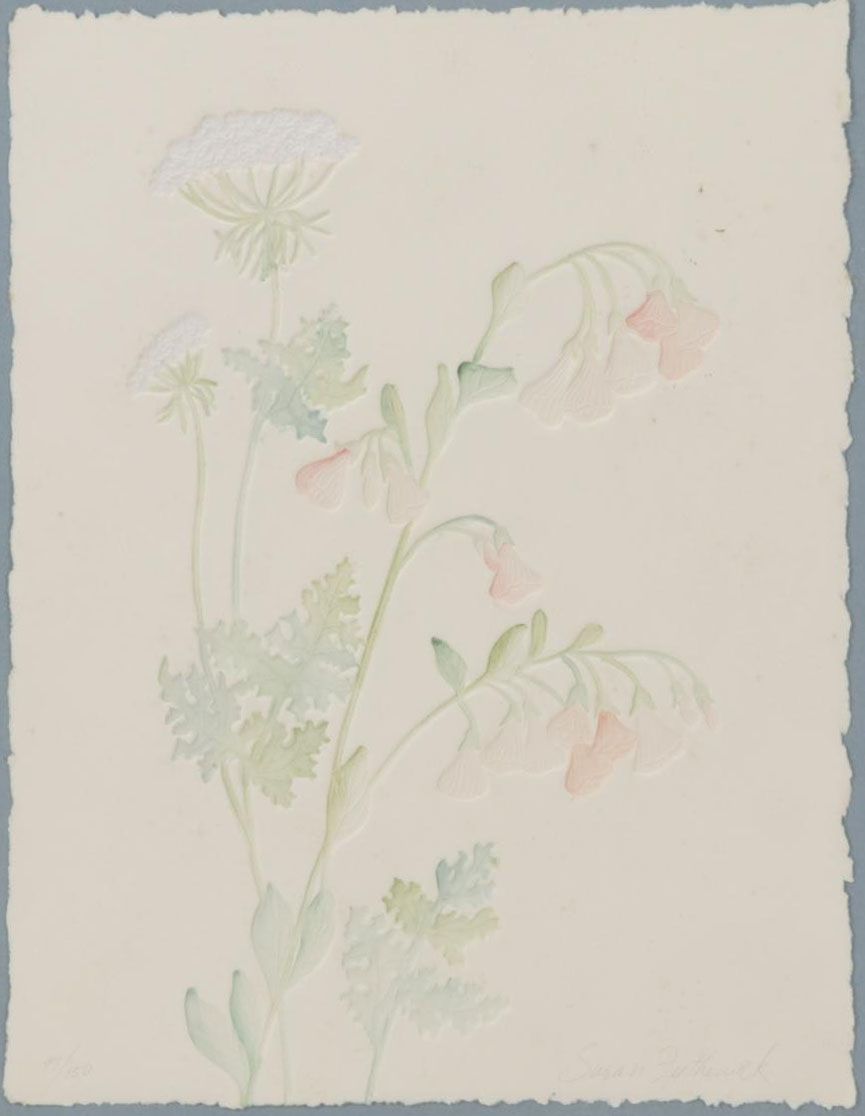 Susan Zythewick Hand-Colored Embossed Etching of Flowers, Circa 1975