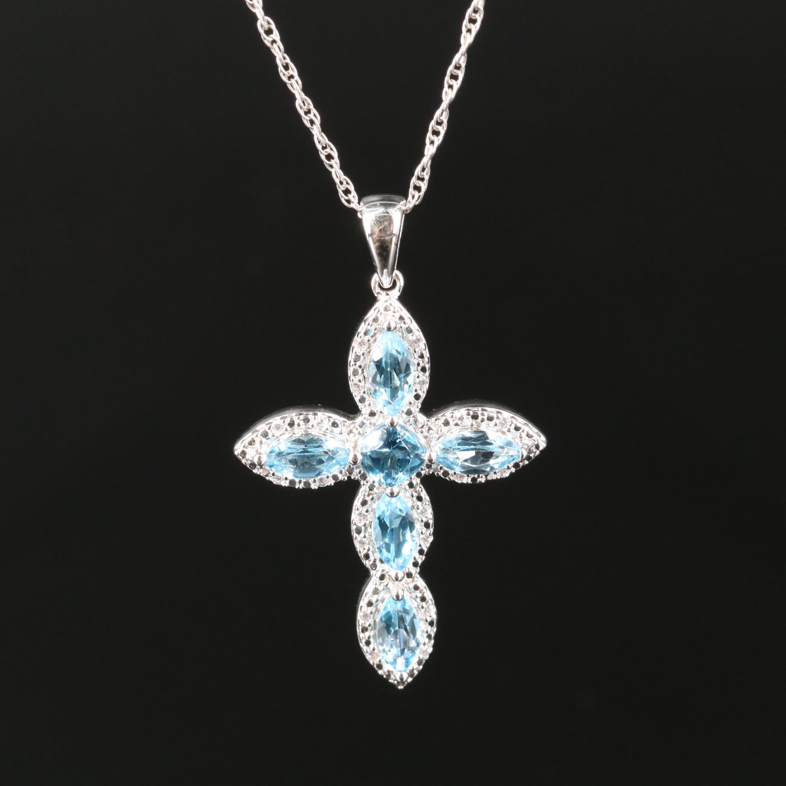 Sterling Topaz and Cubic Zirconia Cross Pendant Necklace