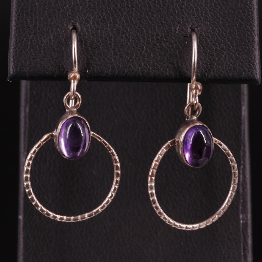 Sterling Amethyst Drop Hoop Earrings