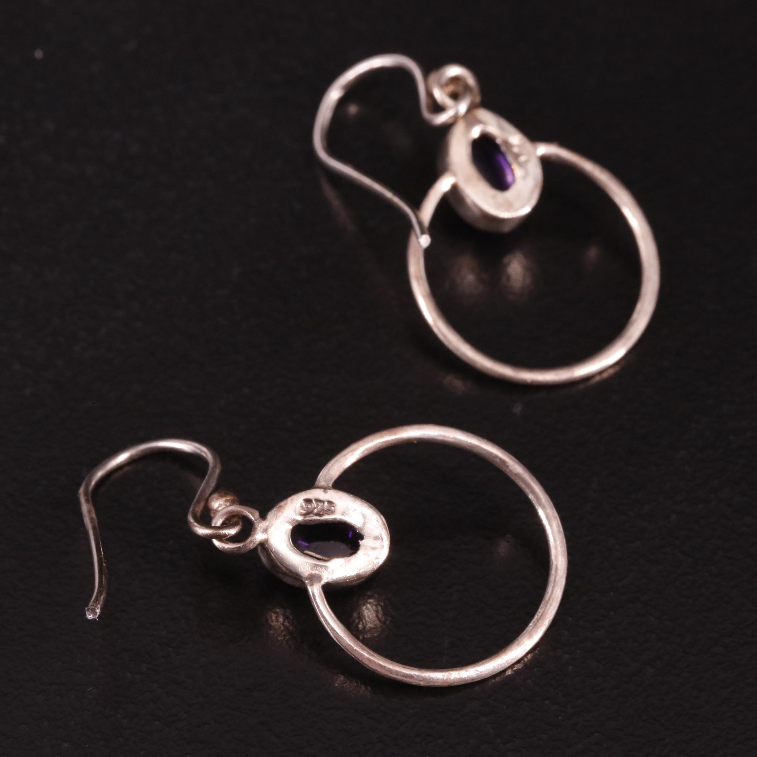 Sterling Amethyst Drop Hoop Earrings