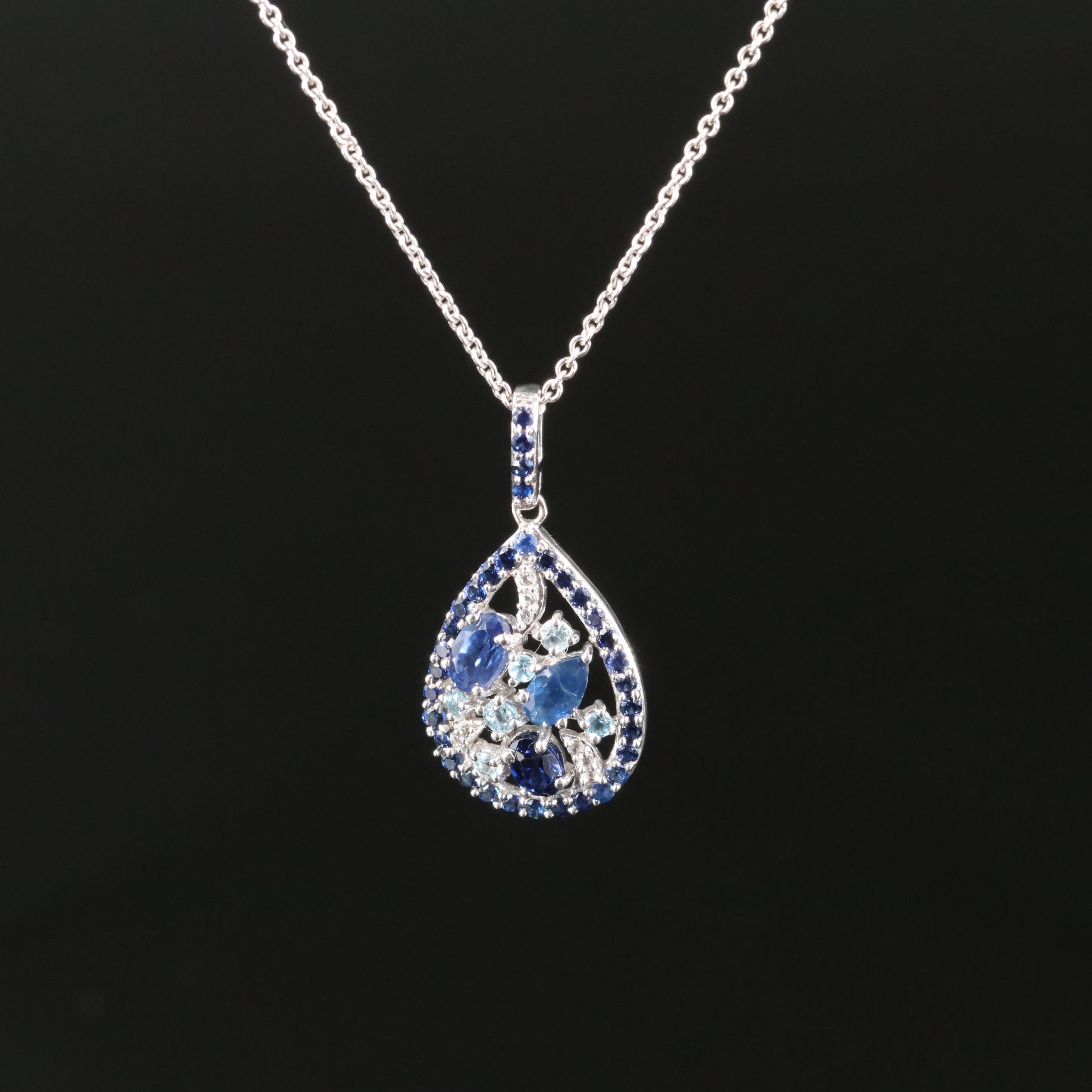 Sterling Sapphire and Topaz Cluster Pendant Necklace