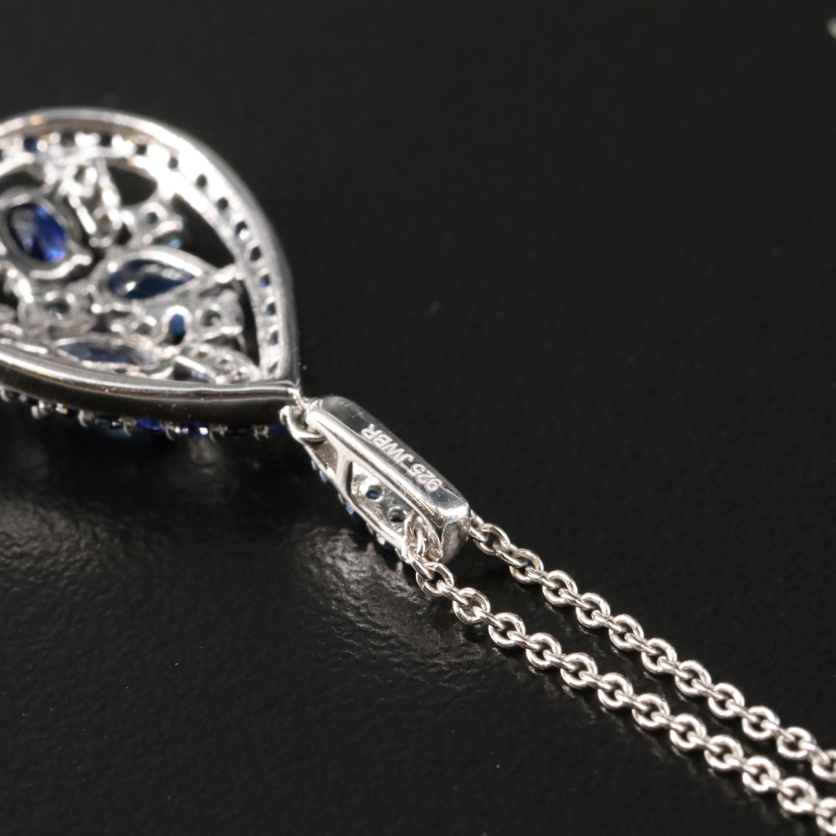 Sterling Sapphire and Topaz Cluster Pendant Necklace