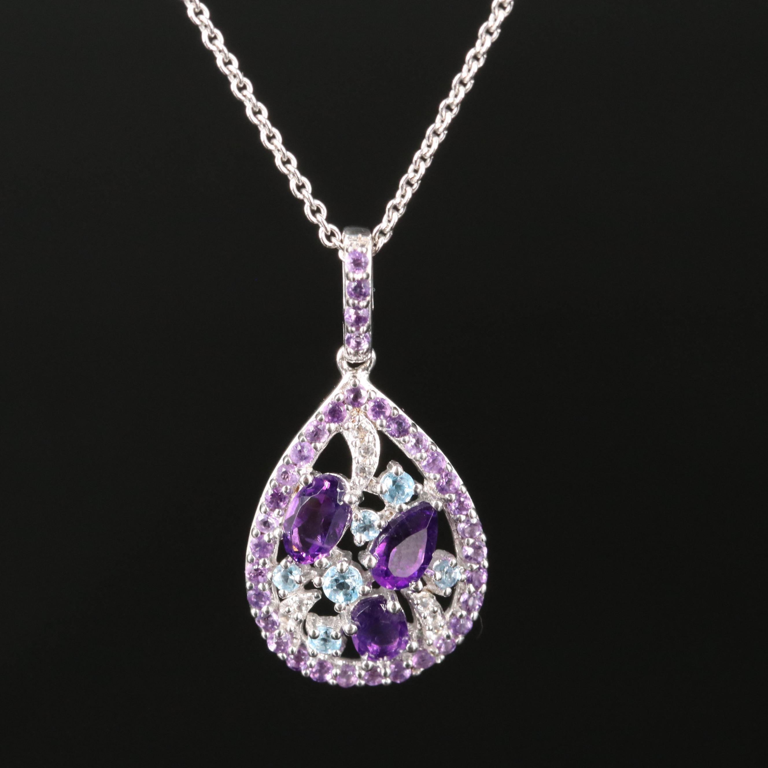 Sterling Amethyst, Topaz and Sapphire Cluster Pendant Necklace
