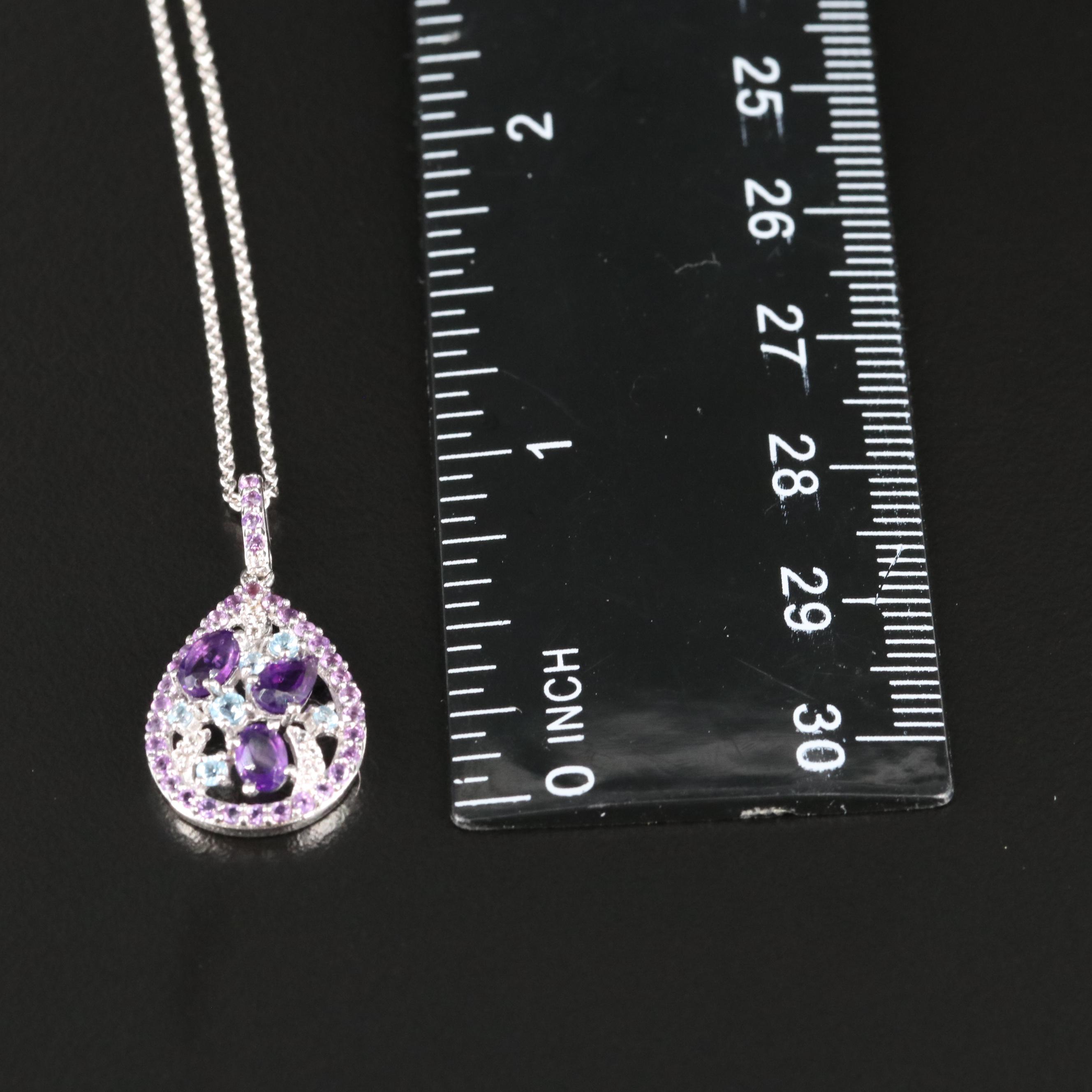 Sterling Amethyst, Topaz and Sapphire Cluster Pendant Necklace