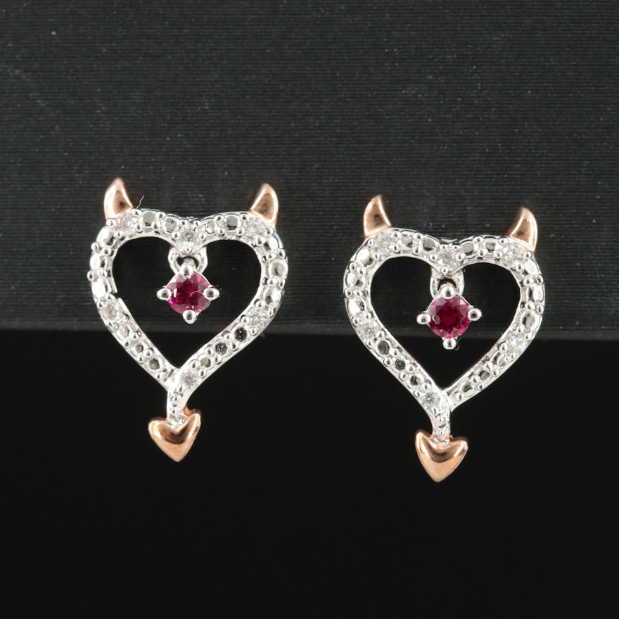Sterling Ruby and Cubic Zirconia Devil Heart Earrings