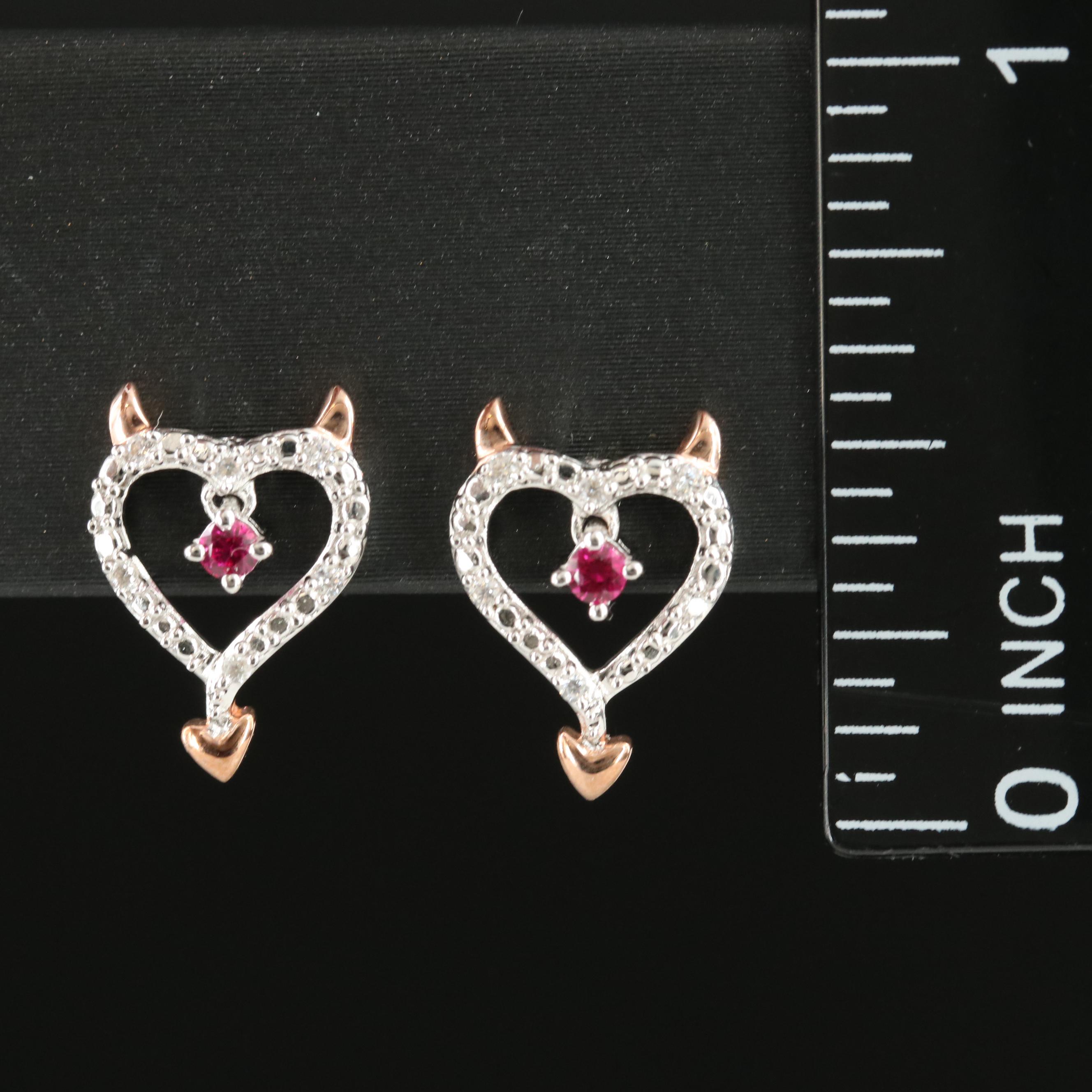 Sterling Ruby and Cubic Zirconia Devil Heart Earrings