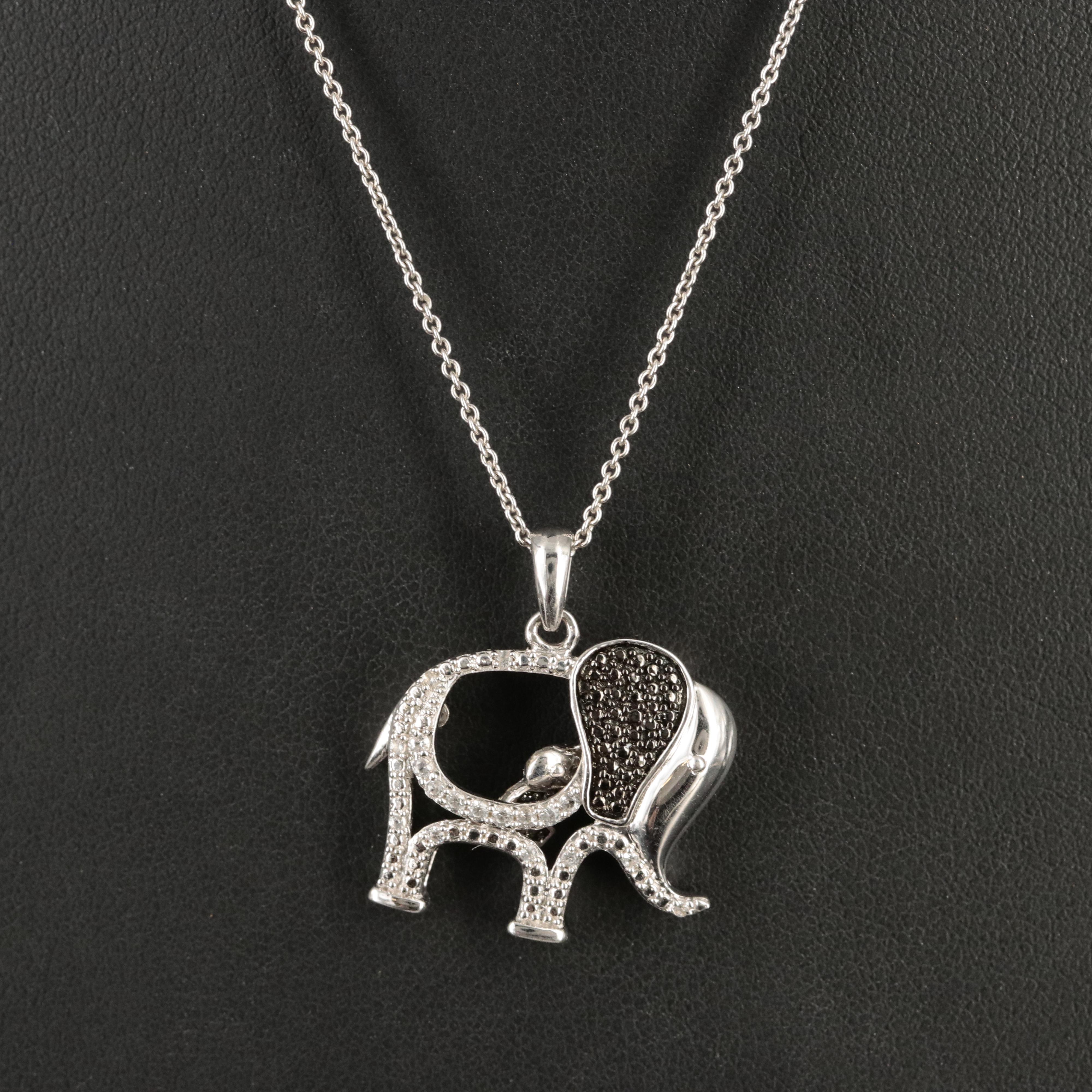 Sterling Sapphire and Glass Elephant and Baby Pendant Necklace