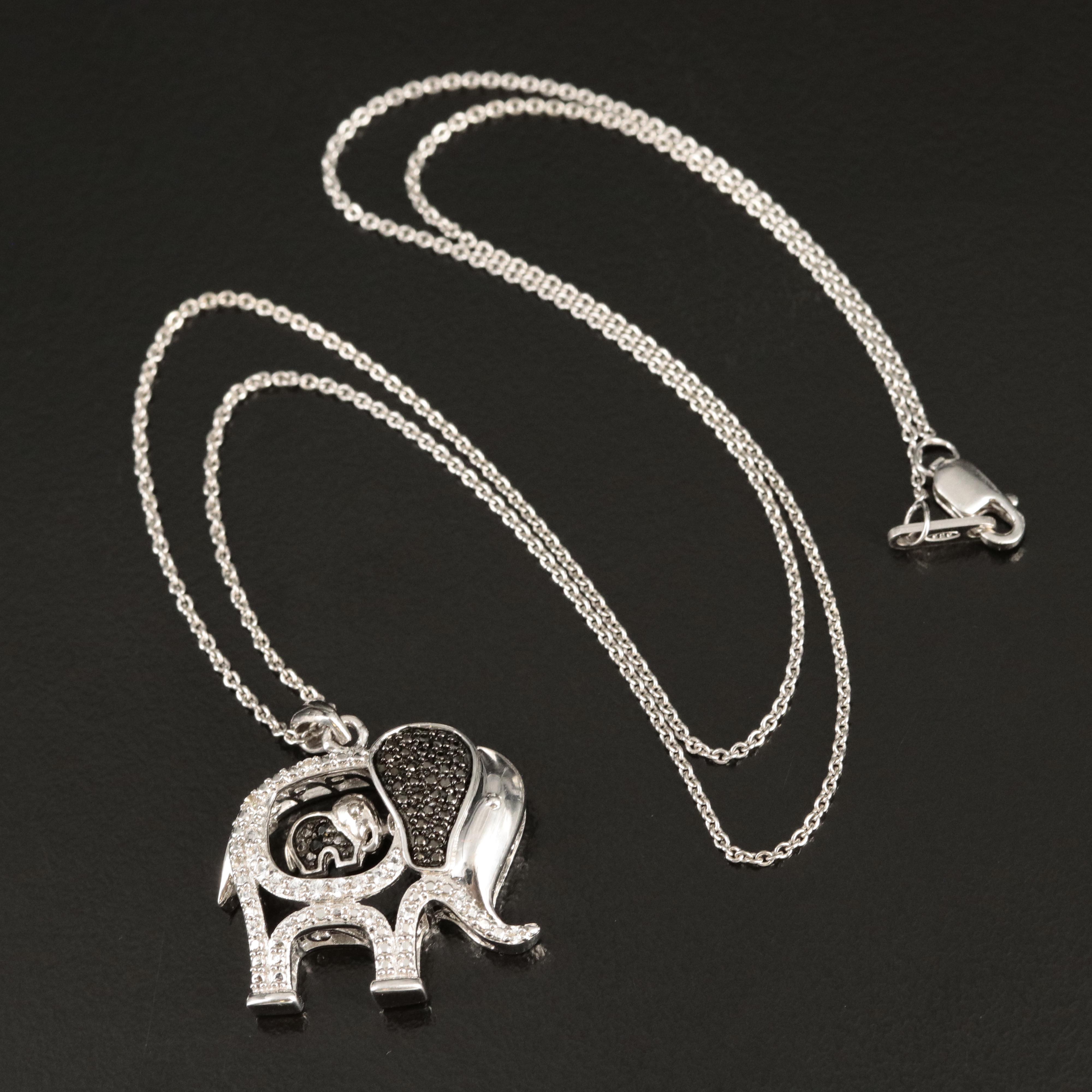 Sterling Sapphire and Glass Elephant and Baby Pendant Necklace