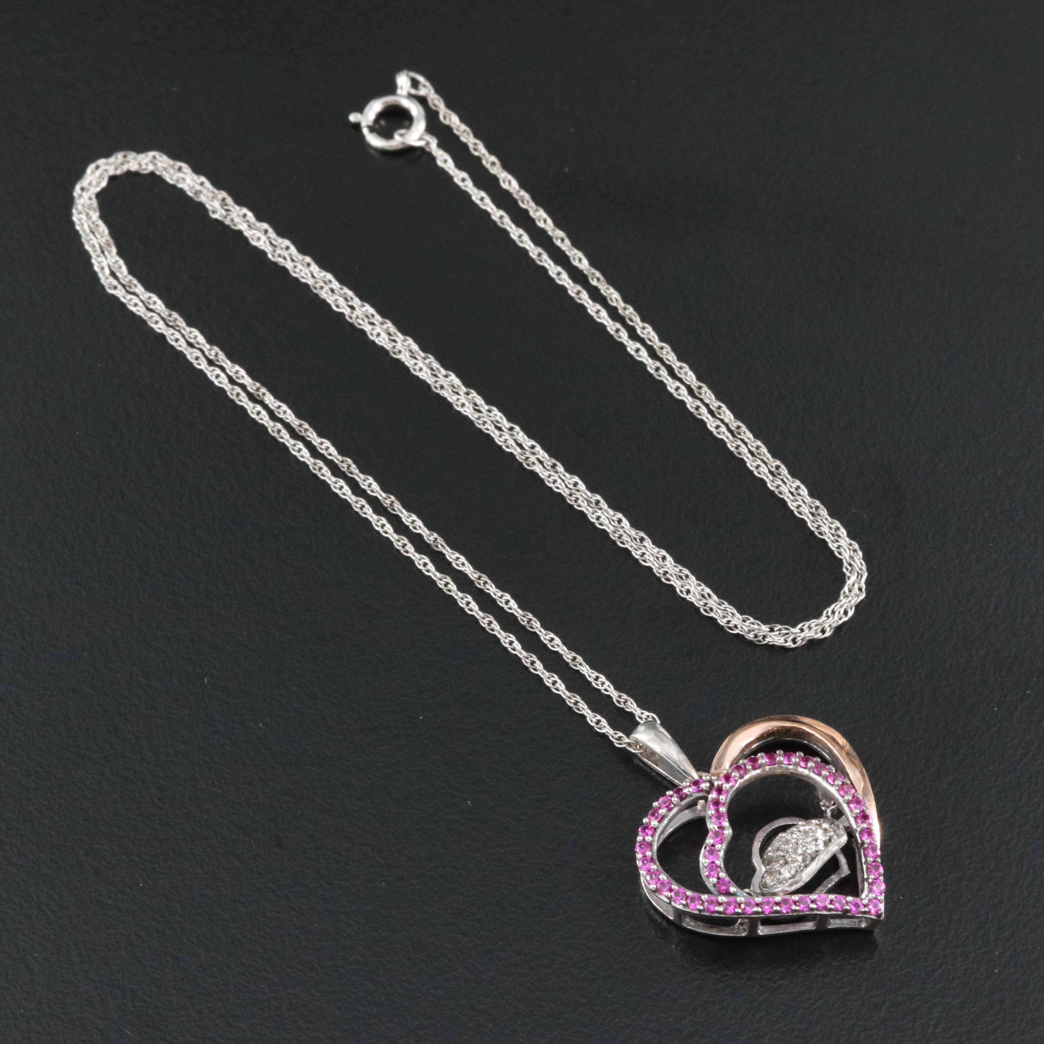 Sterling Ruby and Sapphire Heart Tremble Pendant Necklace