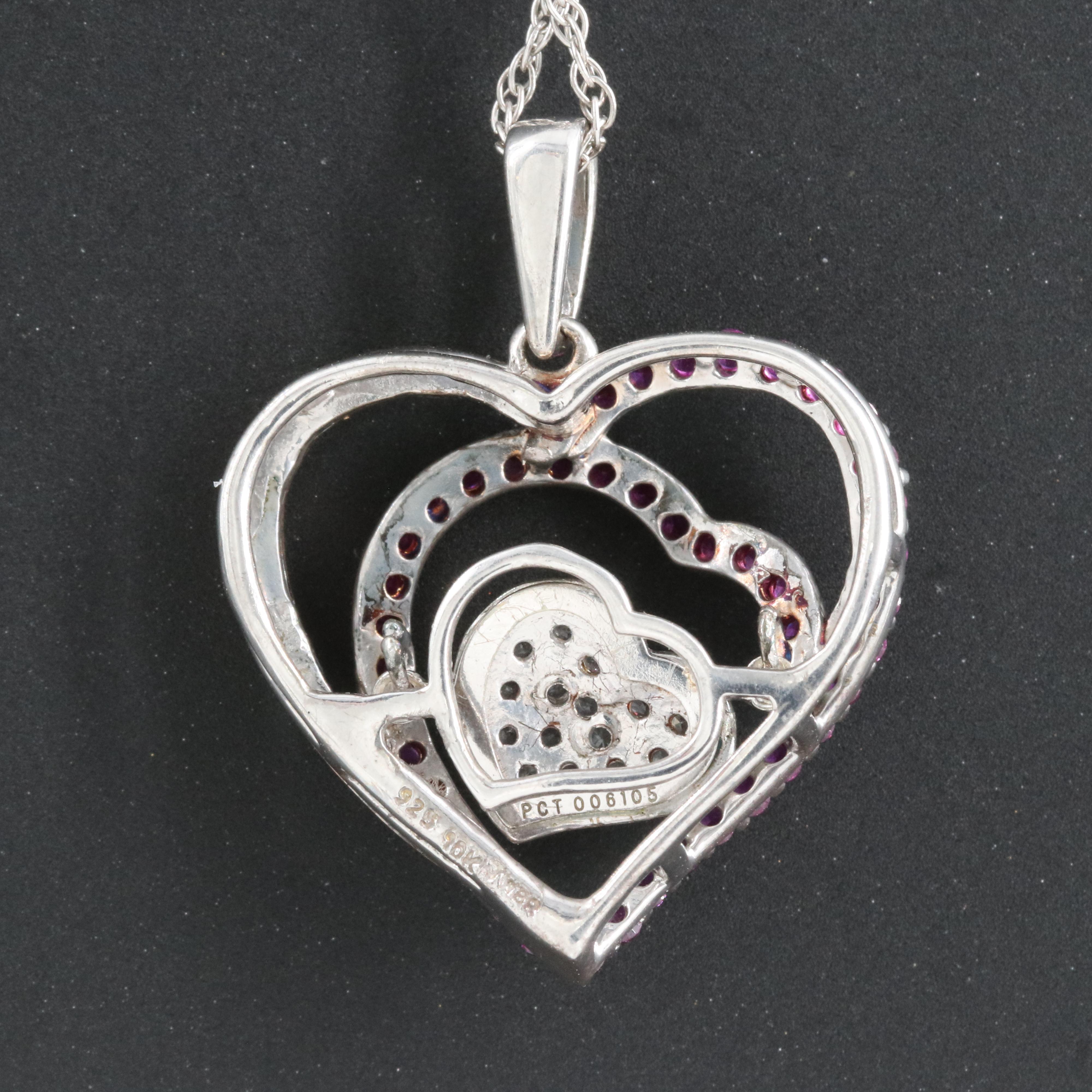 Sterling Ruby and Sapphire Heart Tremble Pendant Necklace