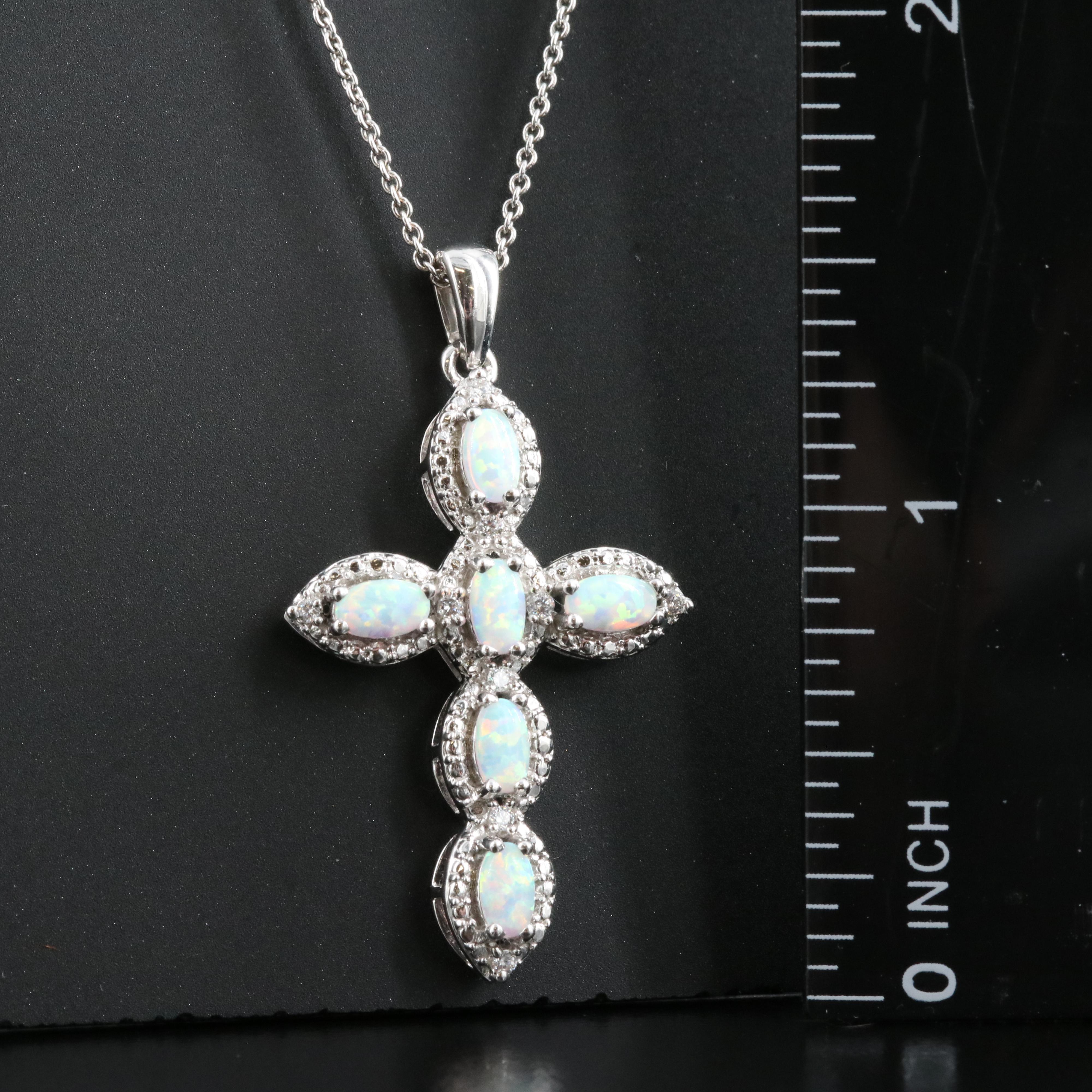 Sterling Opal and Cubic Zirconia Cross Pendant Necklace