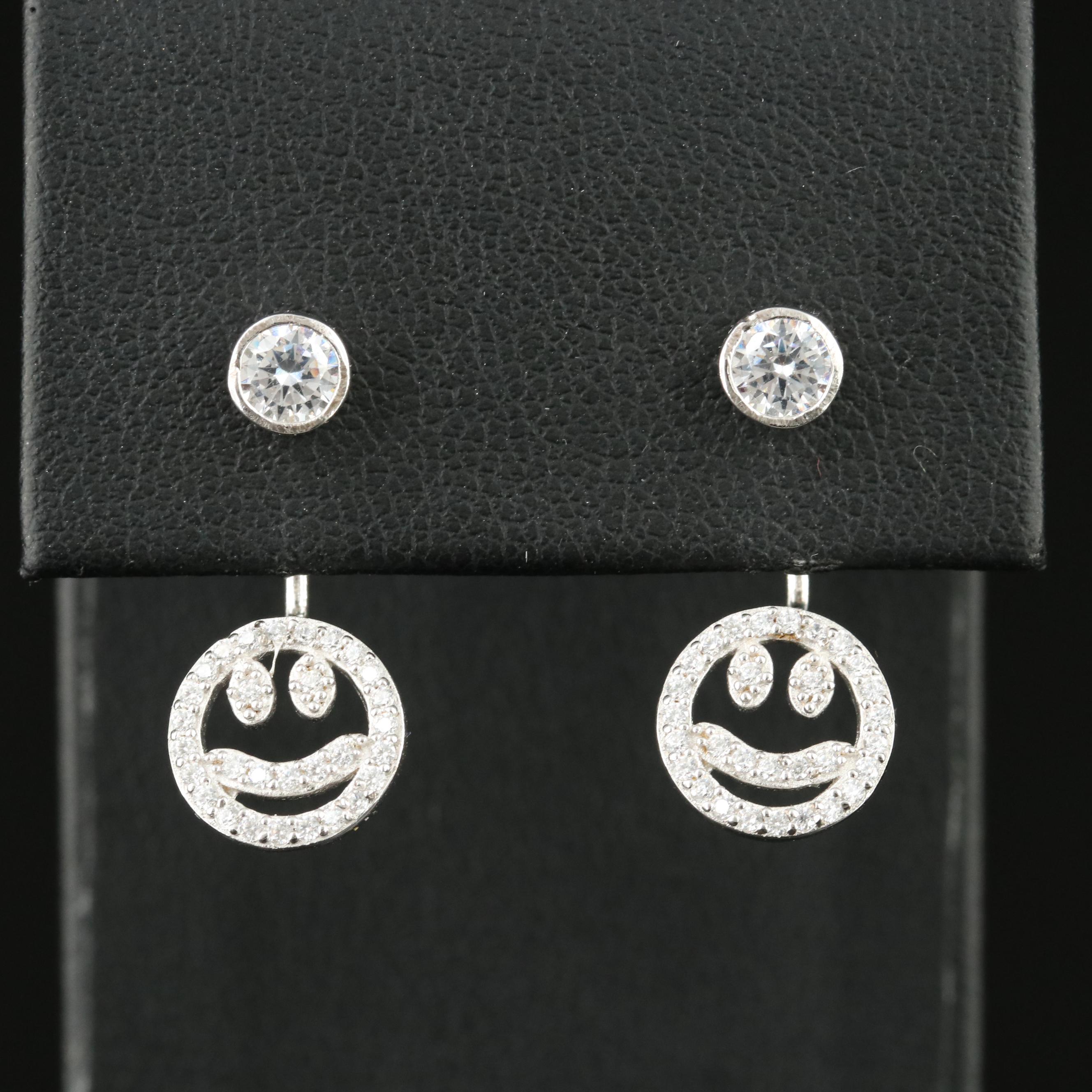 Sterling Cubic Zirconia Stud Earrings with Smiley Face Enhancers