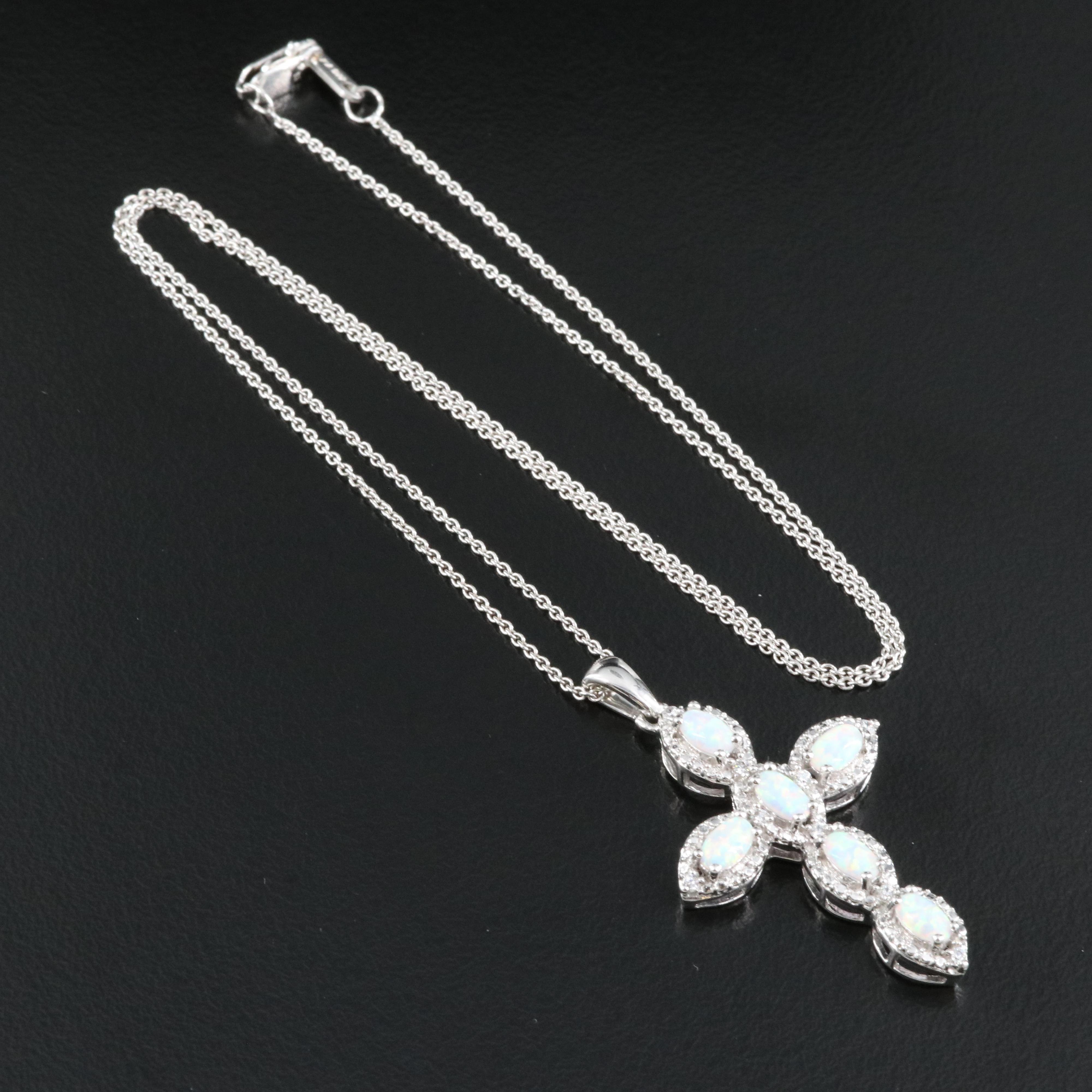 Sterling Opal and Cubic Zirconia Cross Pendant Necklace