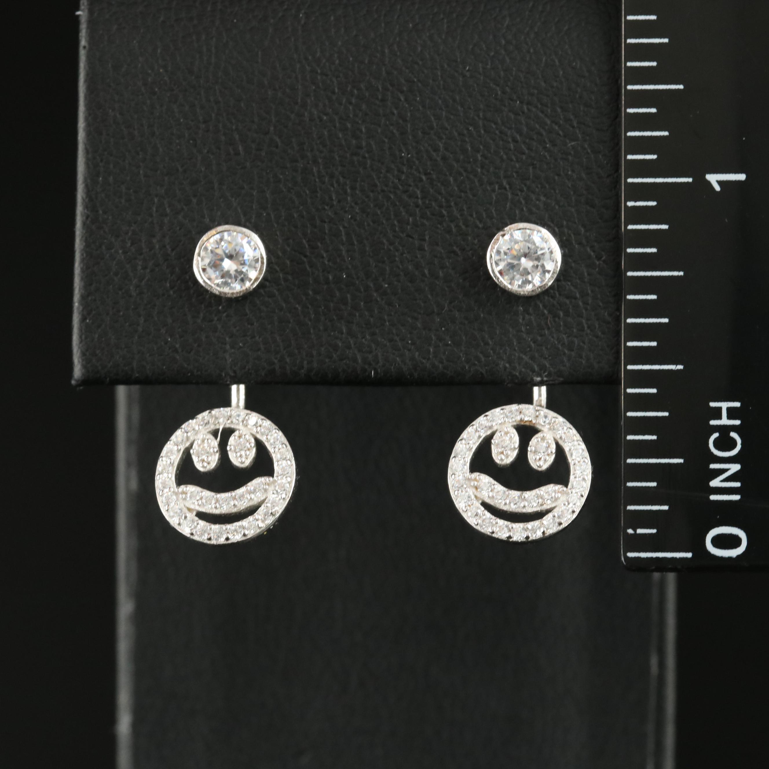 Sterling Cubic Zirconia Stud Earrings with Smiley Face Enhancers
