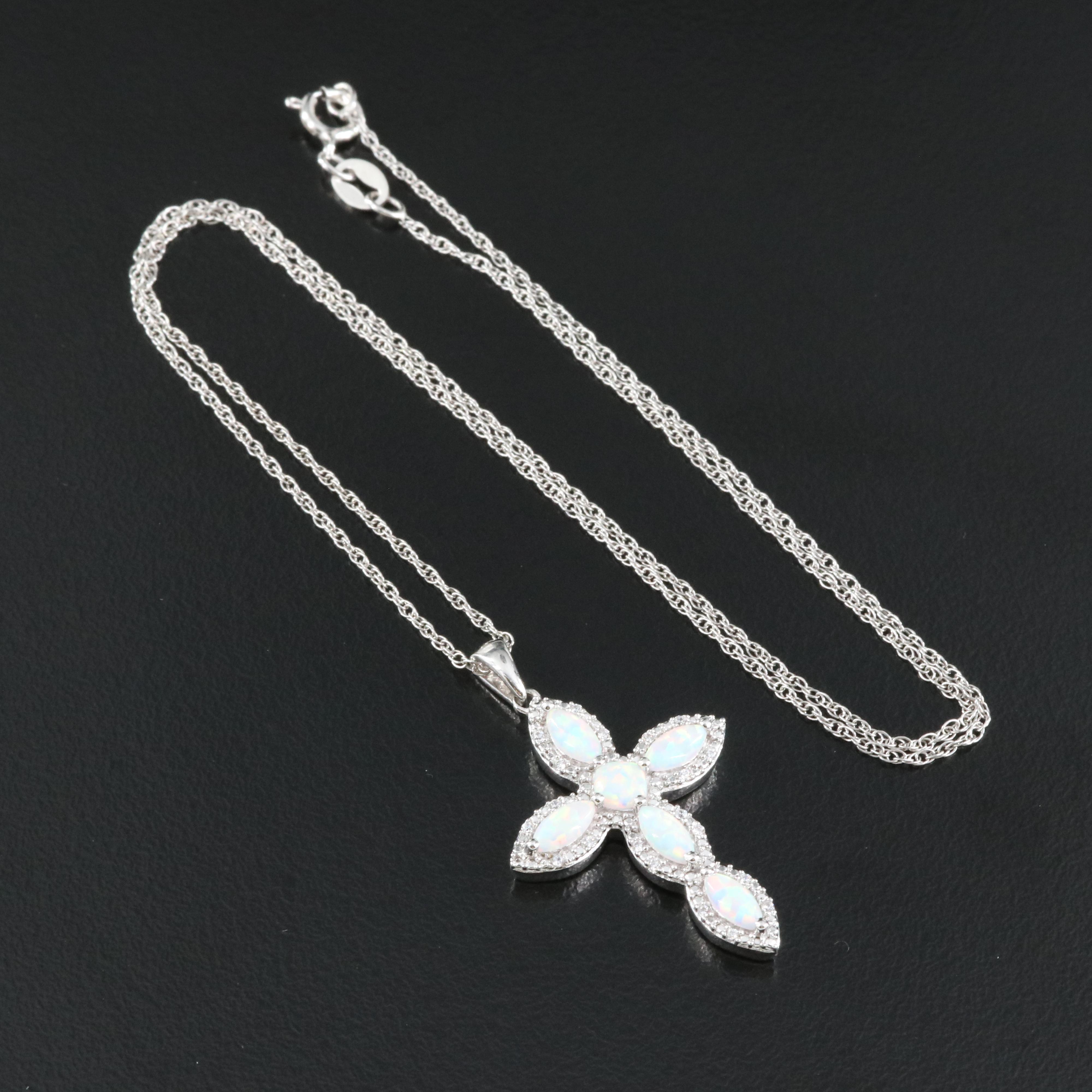 Sterling Opal and Cubic Zirconia Cross Pendant Necklace