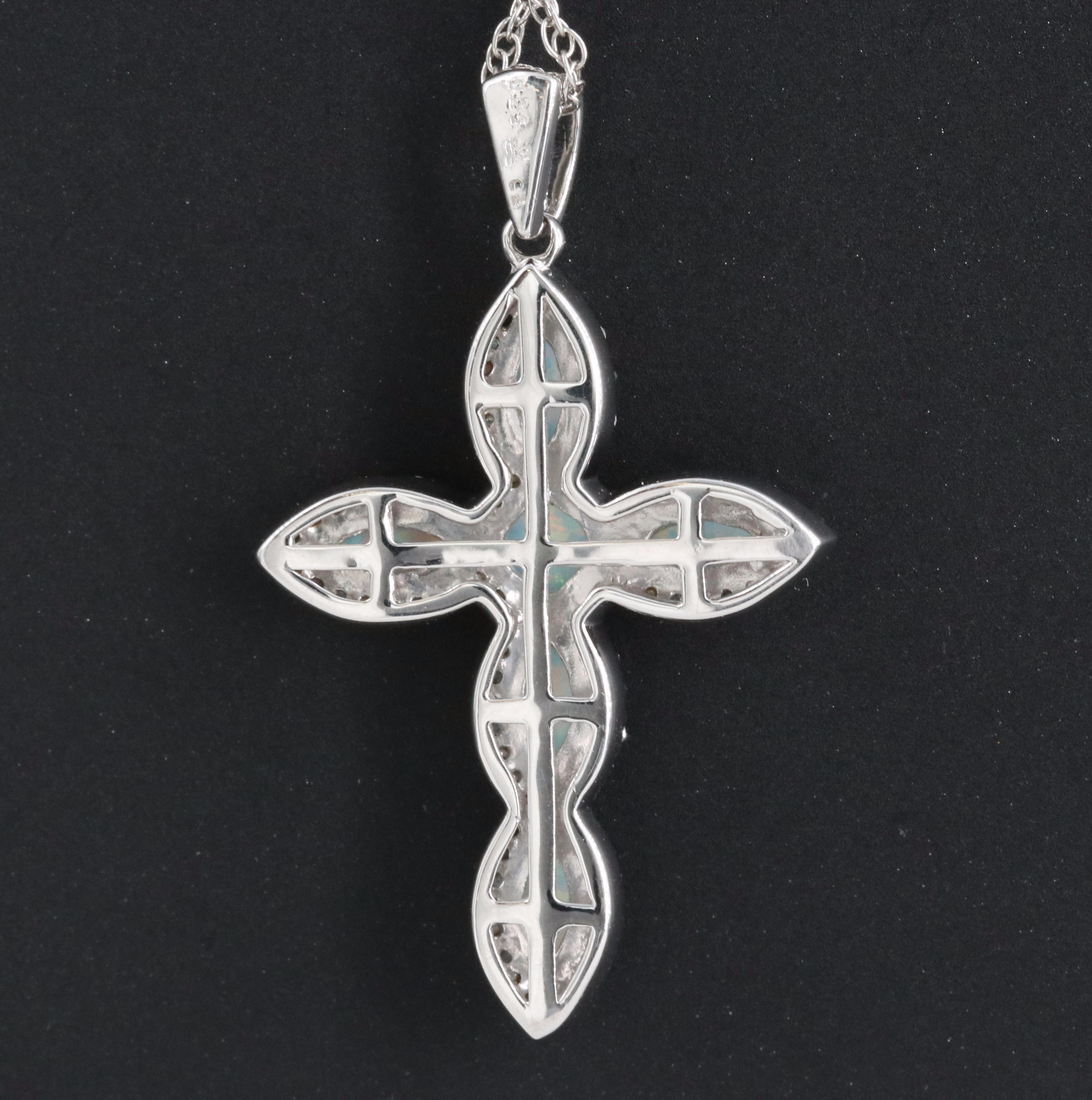 Sterling Opal and Cubic Zirconia Cross Pendant Necklace