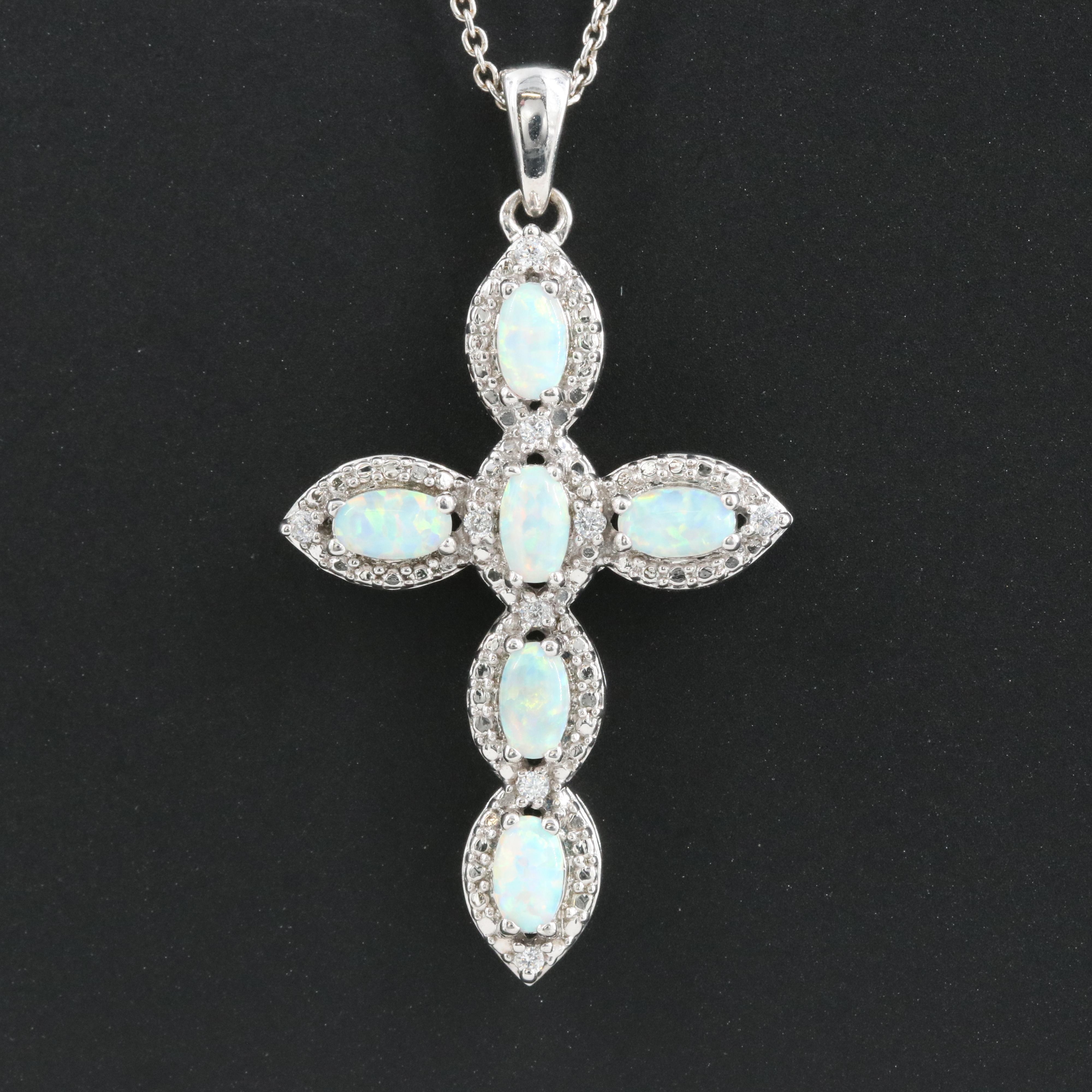 Sterling Opal and Cubic Zirconia Cross Pendant Necklace