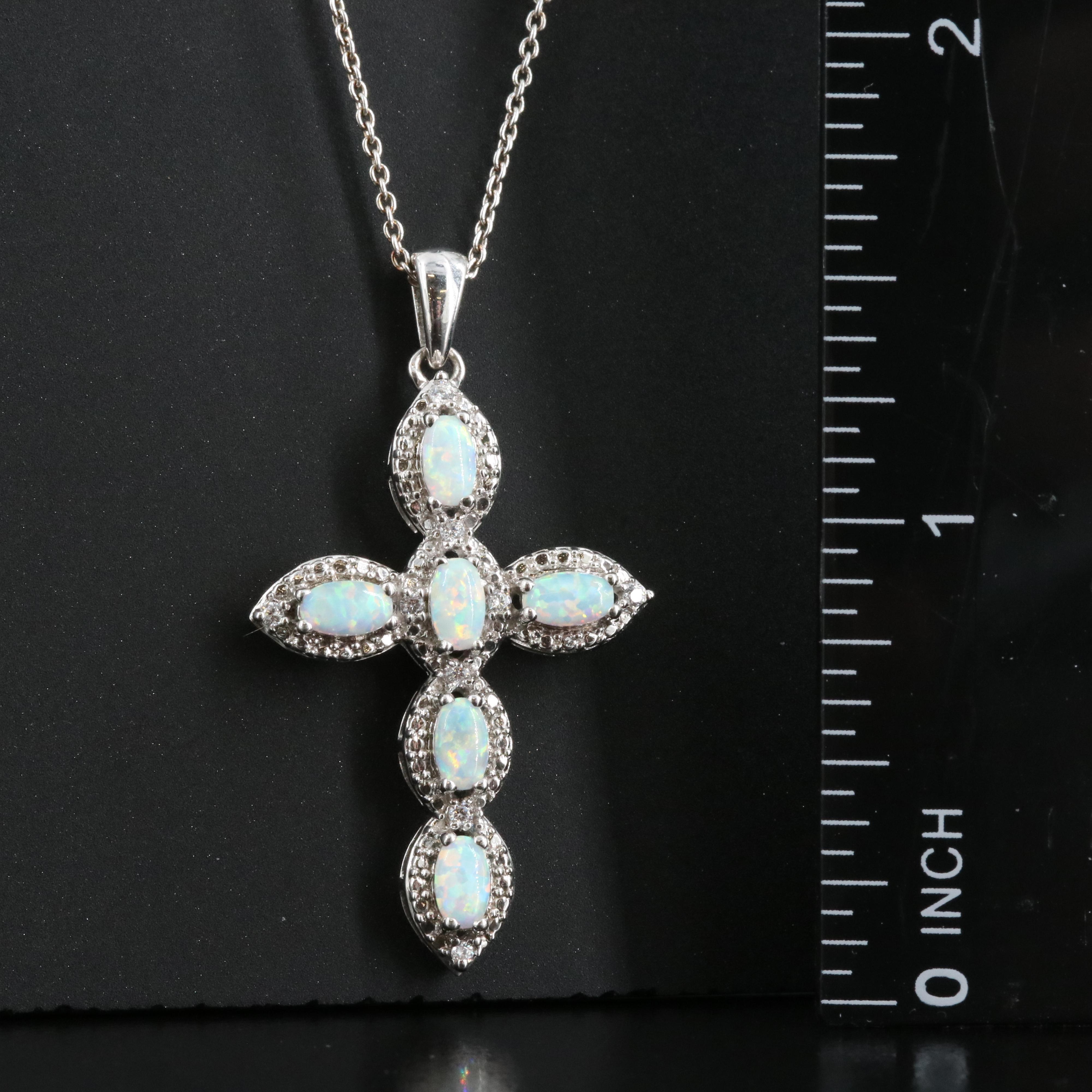 Sterling Opal and Cubic Zirconia Cross Pendant Necklace