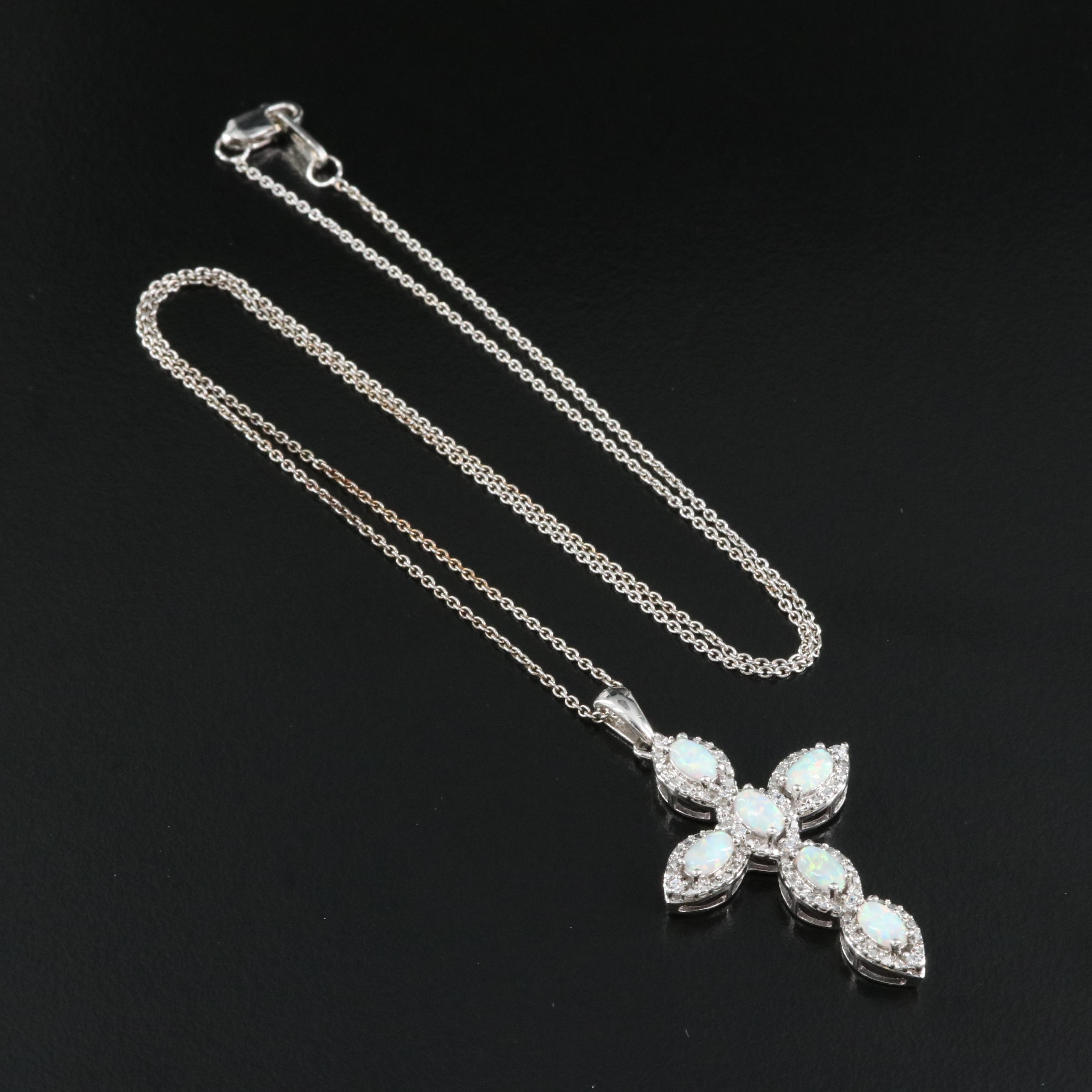 Sterling Opal and Cubic Zirconia Cross Pendant Necklace