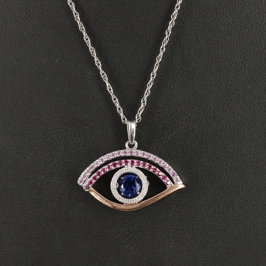 Sterling Sapphire and Ruby Evil Eye Shimmer Pendant Necklace