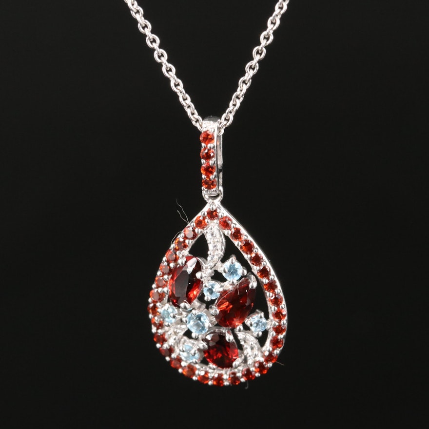 Sterling Garnet, Aquamarine and Topaz Cluster Pendant Necklace